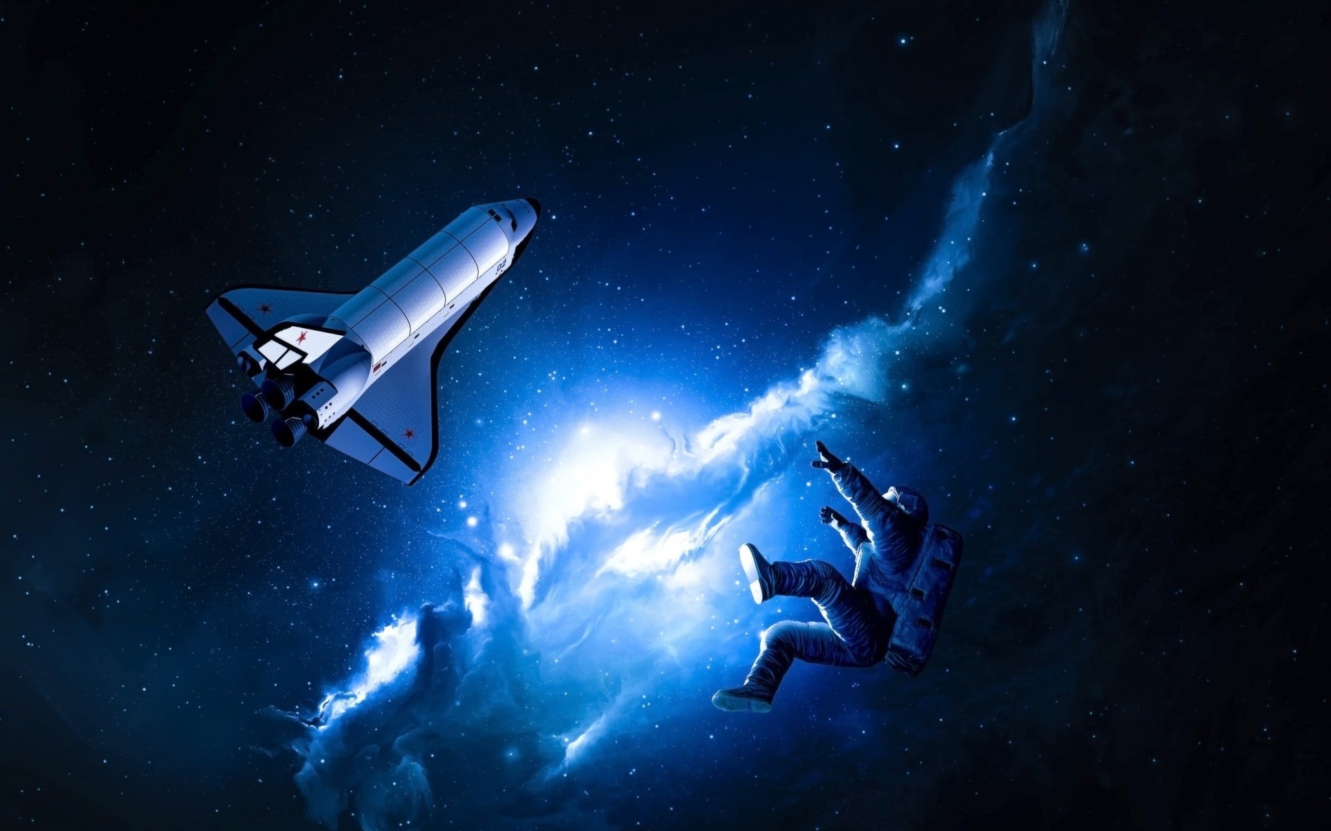 nebula, adventure, ship, people, leisure activity, illustration, nature, 1080P, blue, mid-air, outdoors, exploration, technology, star - space, communication, HD Wallpaper