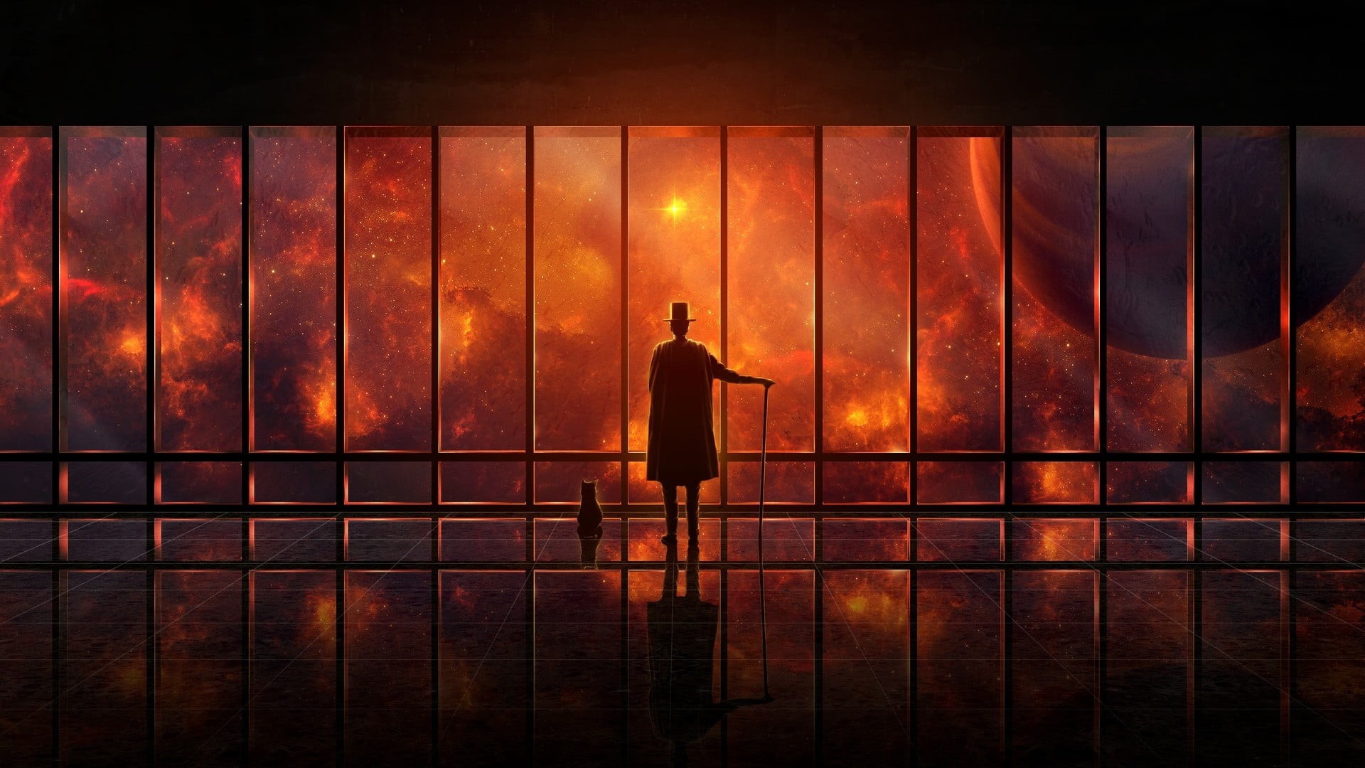 illuminated, standing, night, architecture, window, 1080P, walking, full length, rear view, space, stars, planet, outdoors, men, glass, reflection, HD Wallpaper
