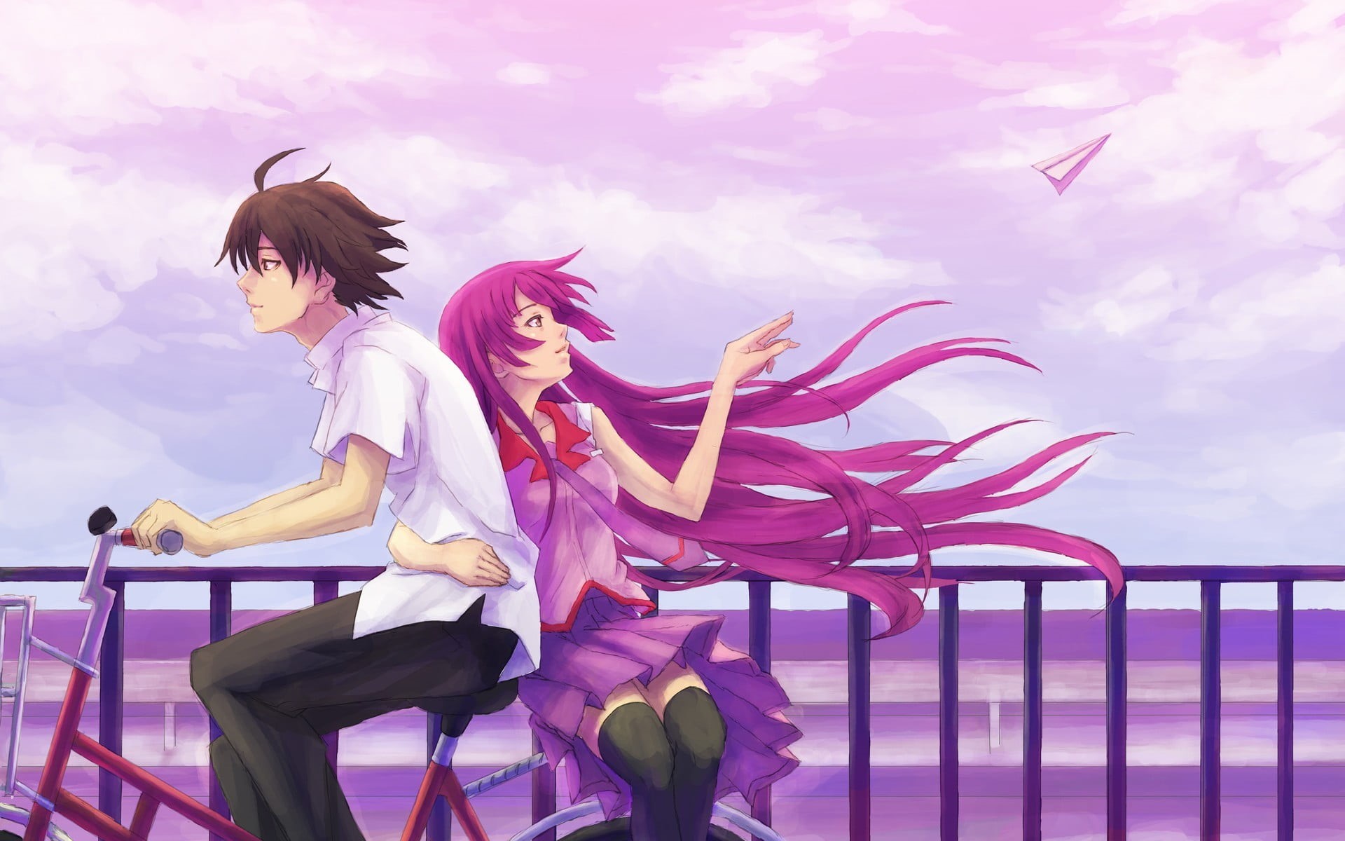 sky, girl, Araragi Koyomi, leisure activity, real people, cloud - sky, boy, beauty, day, one person, Senjougahara Hitagi, casual clothing, women, anime, HD Wallpaper