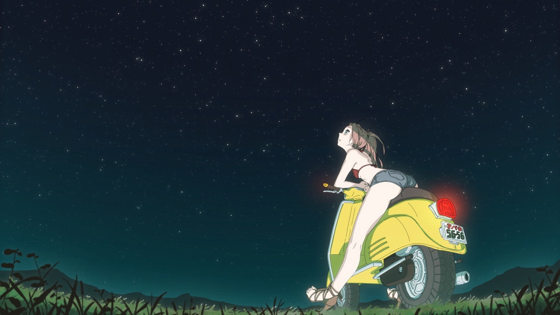anime girls, flcl, girls, haruhara haruko, anime, haruhara, 1080P, scooters, night, haruko, stars, HD Wallpaper
