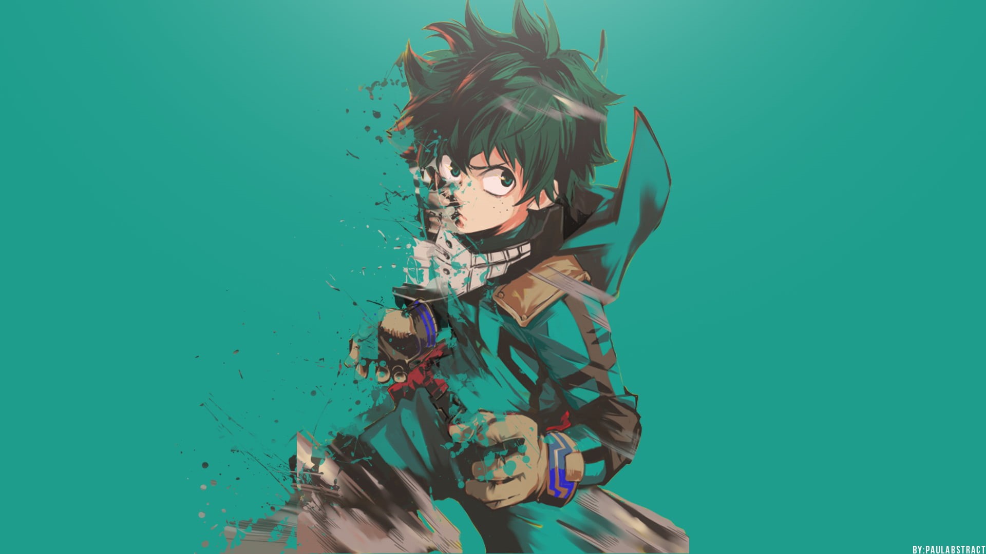 turquoise colored, lifestyles, digital art, adult, digital composite, Midoriya Izuku, indoors, standing, green color, green background, artwork, three quarter length, HD Wallpaper