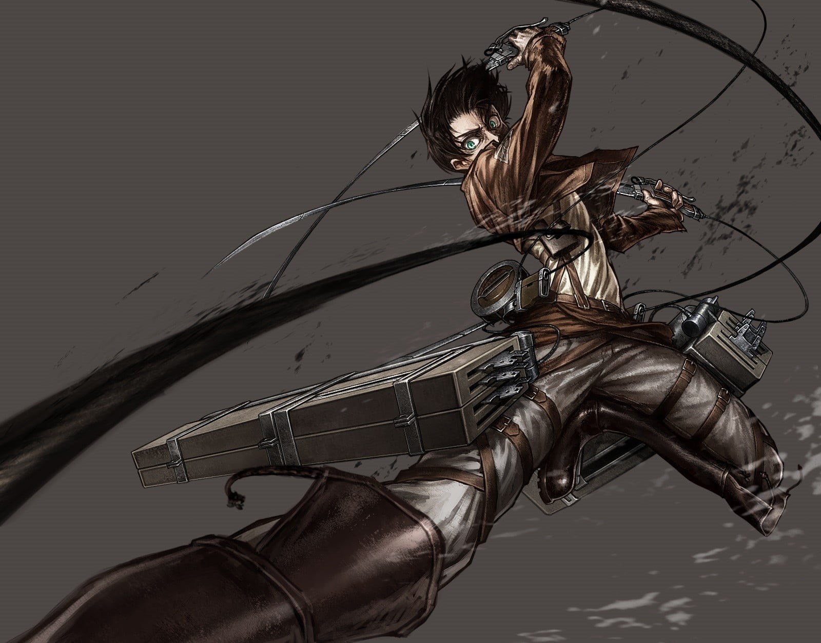 anime boys, attack, eren, lighting equipment, cable, rope, connection, sky, transportation, Eren Jeager, low angle view, nature, anime, Shingeki no Kyojin, HD Wallpaper