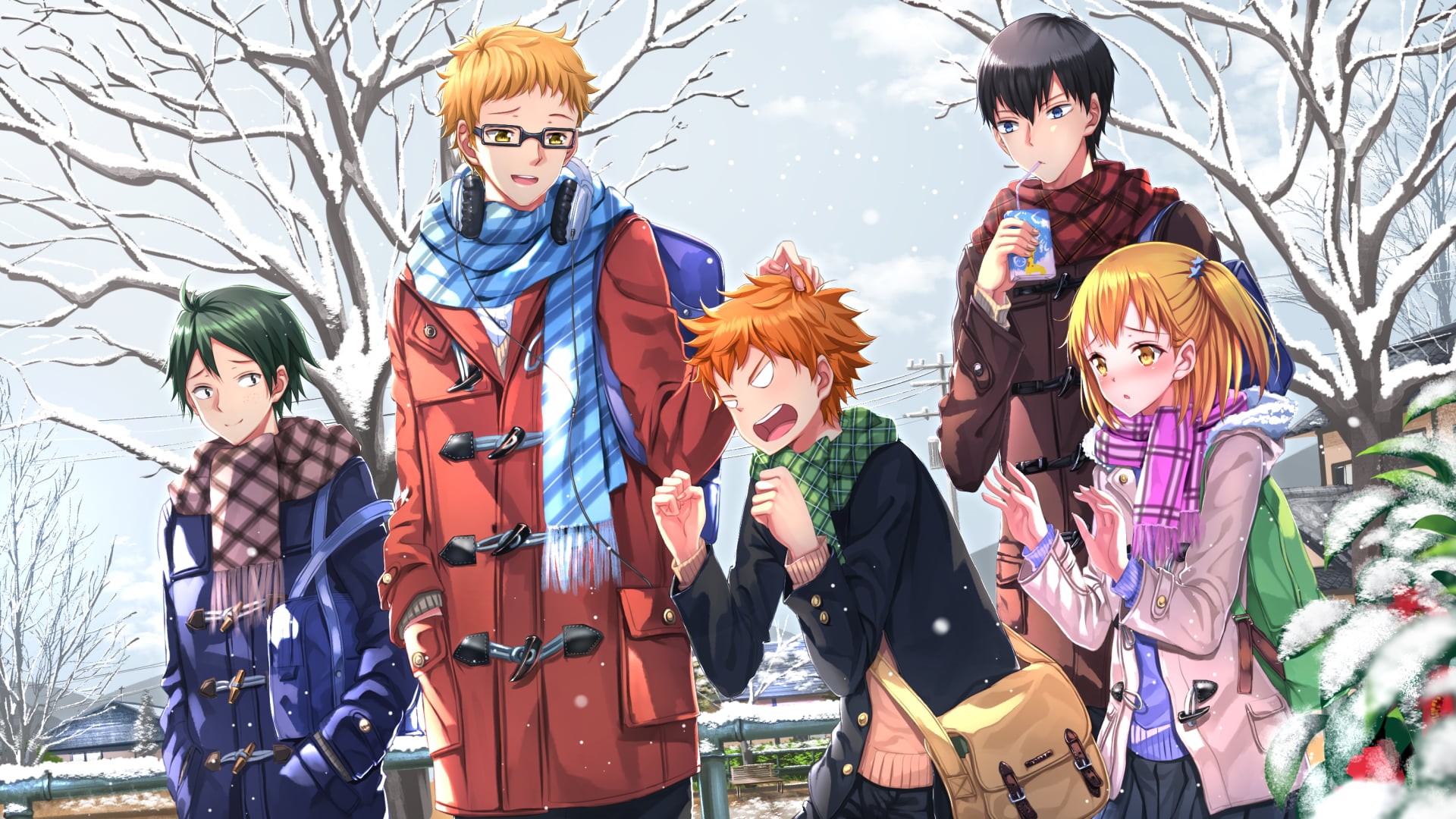 day, front view, Yamaguchi Tadashi, Yachi Hitoka, togetherness, Hinata Shouyou, women, people, snow, portrait, Haikyuu, leisure activity, anime, standing, HD Wallpaper