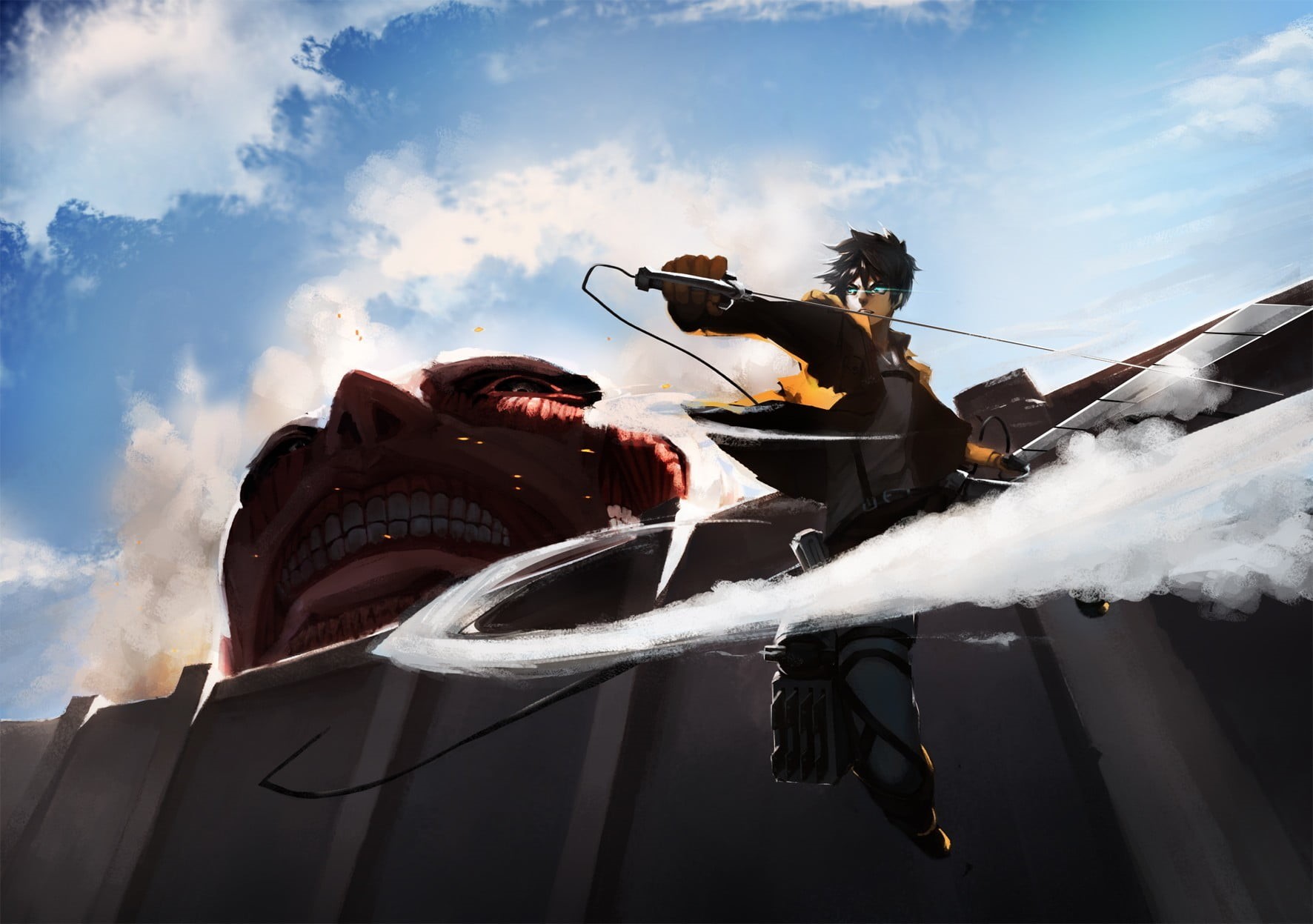 sky, titan, outdoors, anime boys, smoke - physical structure, weapon, lifestyles, men, activity, celebration, cloud - sky, day, people, yager, HD Wallpaper