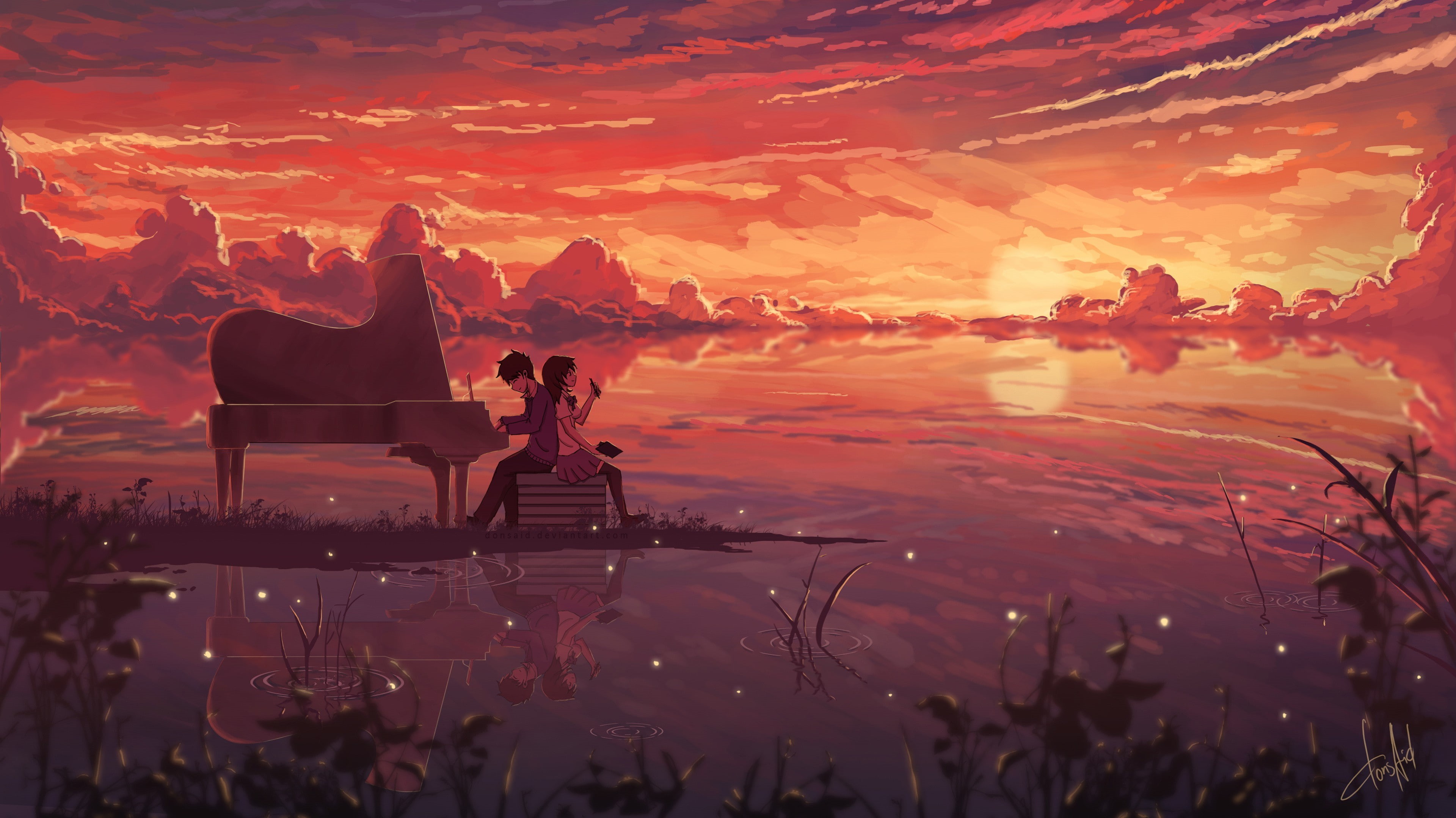 brunette, love, artwork, anime boys, piano, sunset, anime, skirt, 4K, clouds, looking away, sky, thigh-highs, anime girls, couple, HD Wallpaper