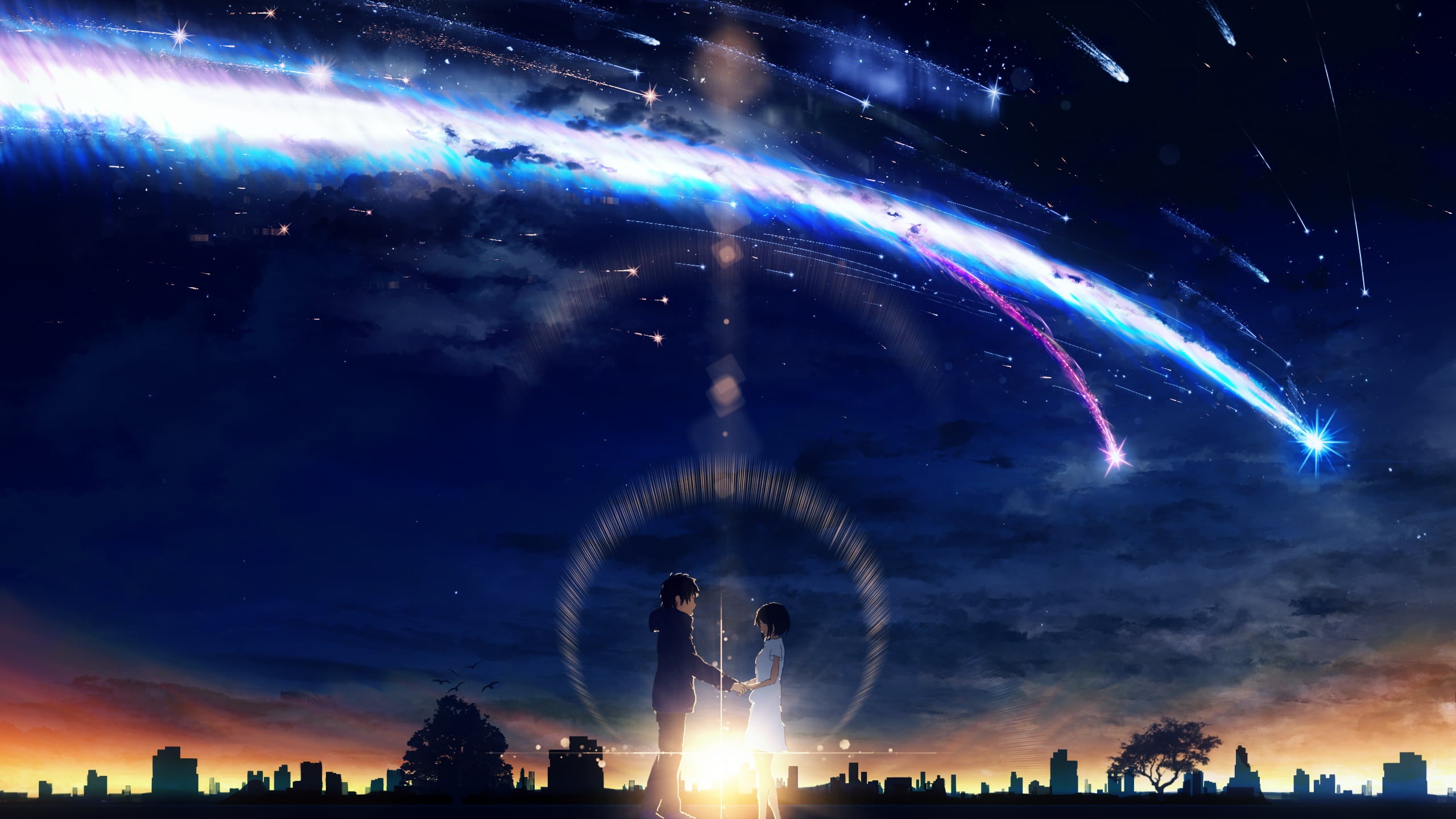 anime boys, sky, anime girls, city, Kimi no Na Wa, arts culture and entertainment, space, building exterior, illuminated, incidental people, long exposure, HD Wallpaper