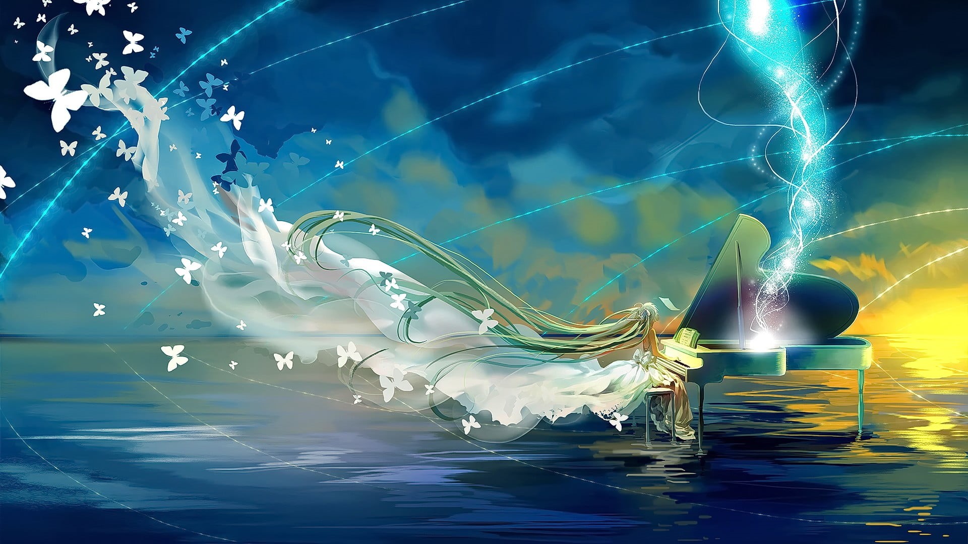 nature, sky, water, no people, illuminated, reflection, glowing, long hair, beauty in nature, looking away, blue, blurred motion, anime girls, light - natural phenomenon, HD Wallpaper