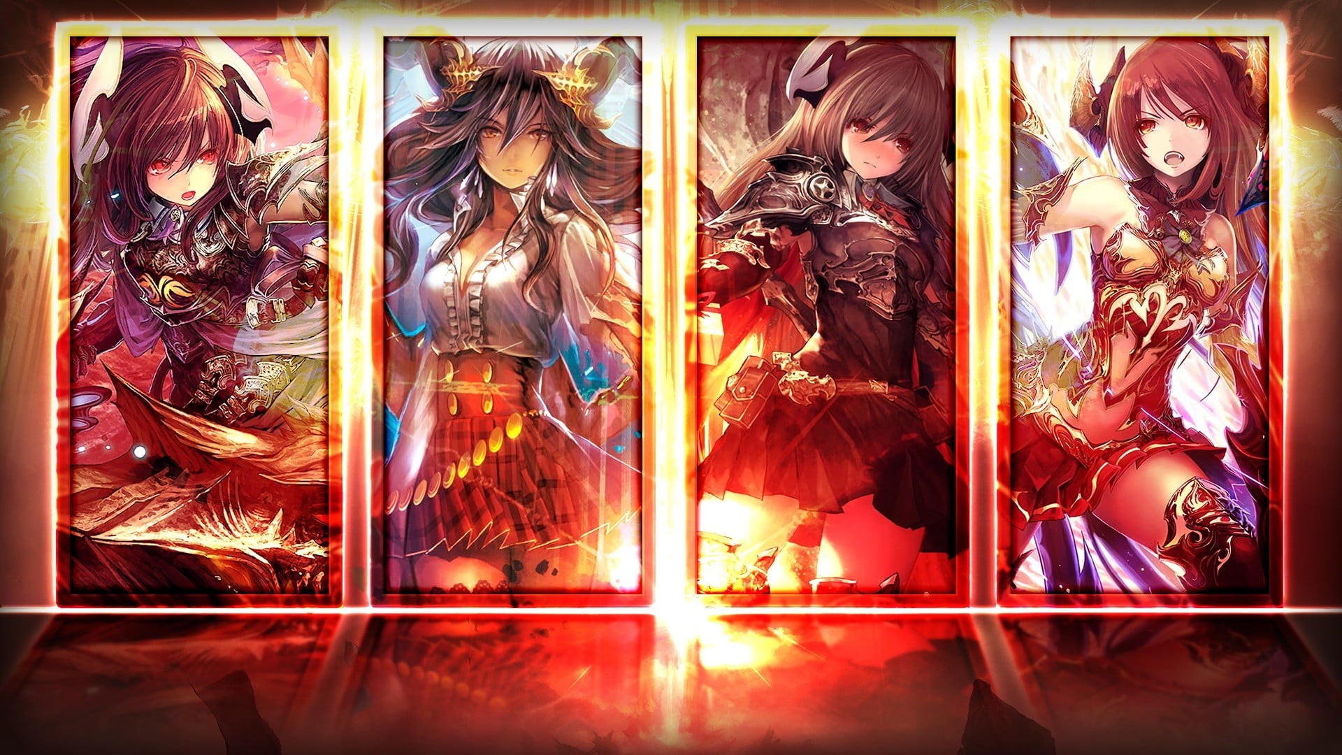 warrior, detached sleeves, sculpture, red eyes, reflection, four, representation, female, creativity, window, long hair, anime girls, Shadowverse, HD Wallpaper