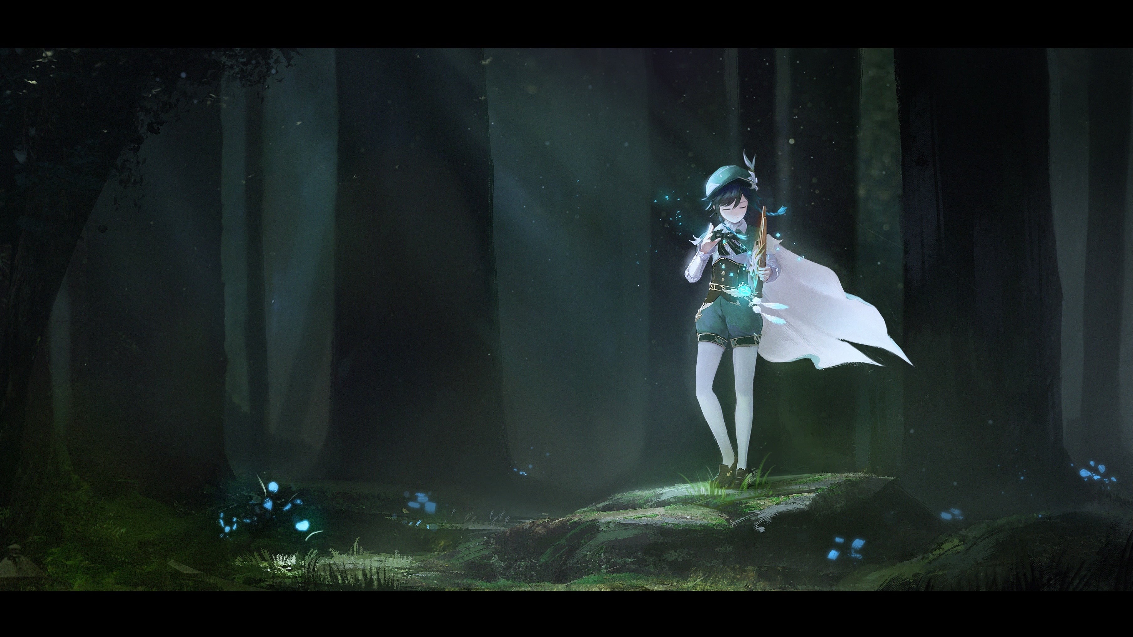 forest, anime boys, 2K, anime games, light effects, Venti (Genshin Impact), Genshin Impact, HD Wallpaper