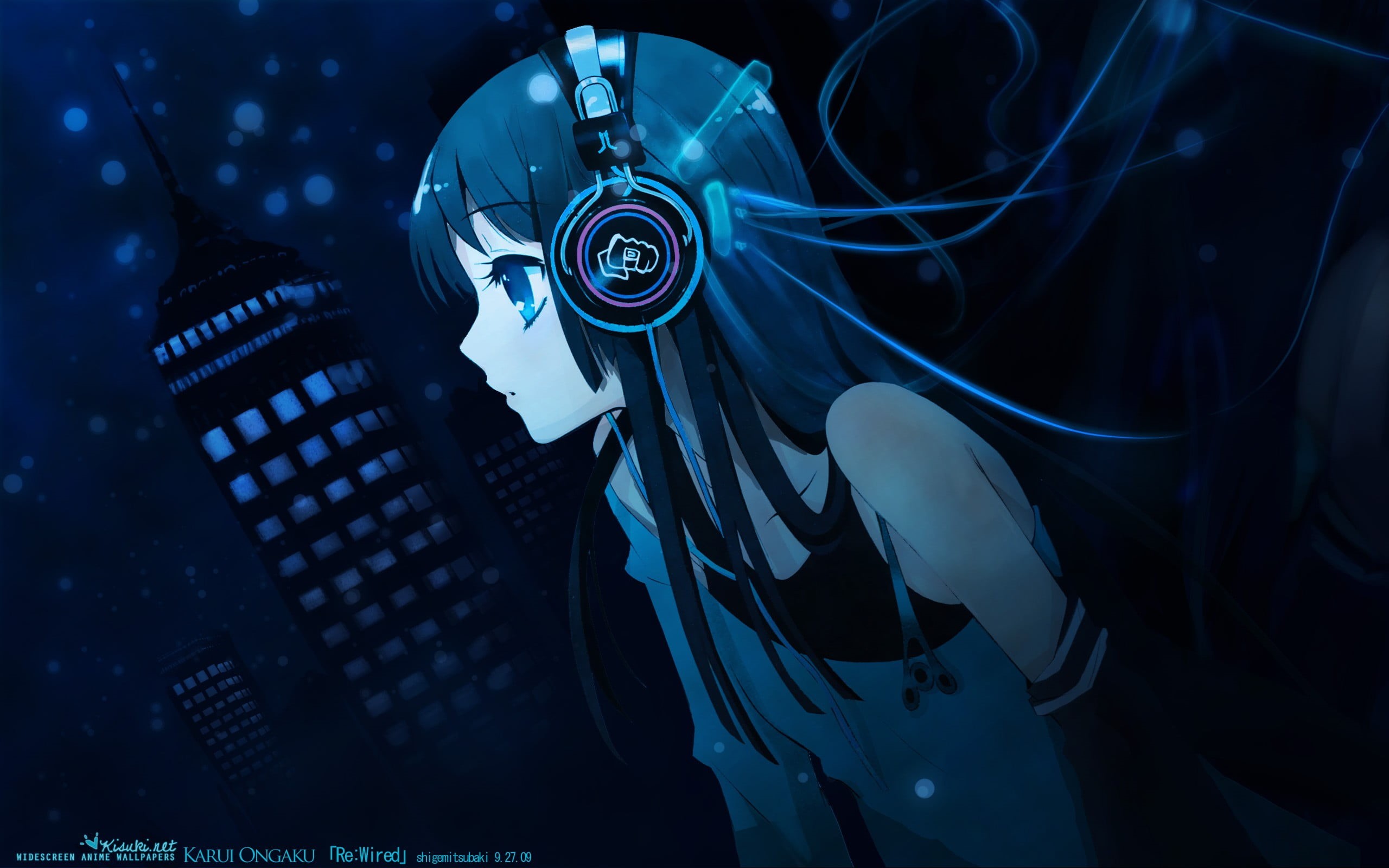 illustration, indoors, pattern, arts culture and entertainment, blue eyes, music, black, communication, anime girls, no people, 2K, 2009 (Year), digital composite, HD Wallpaper