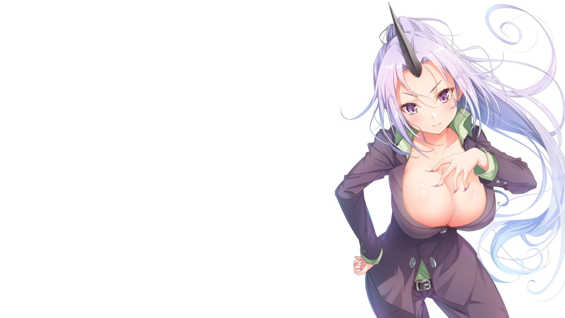 720P, cleavage, purple eyes, long hair, Tensei Shitara Slime Datta Ken, blush, Shion (TenSura), horns, purple hair, ponytail, HD Wallpaper