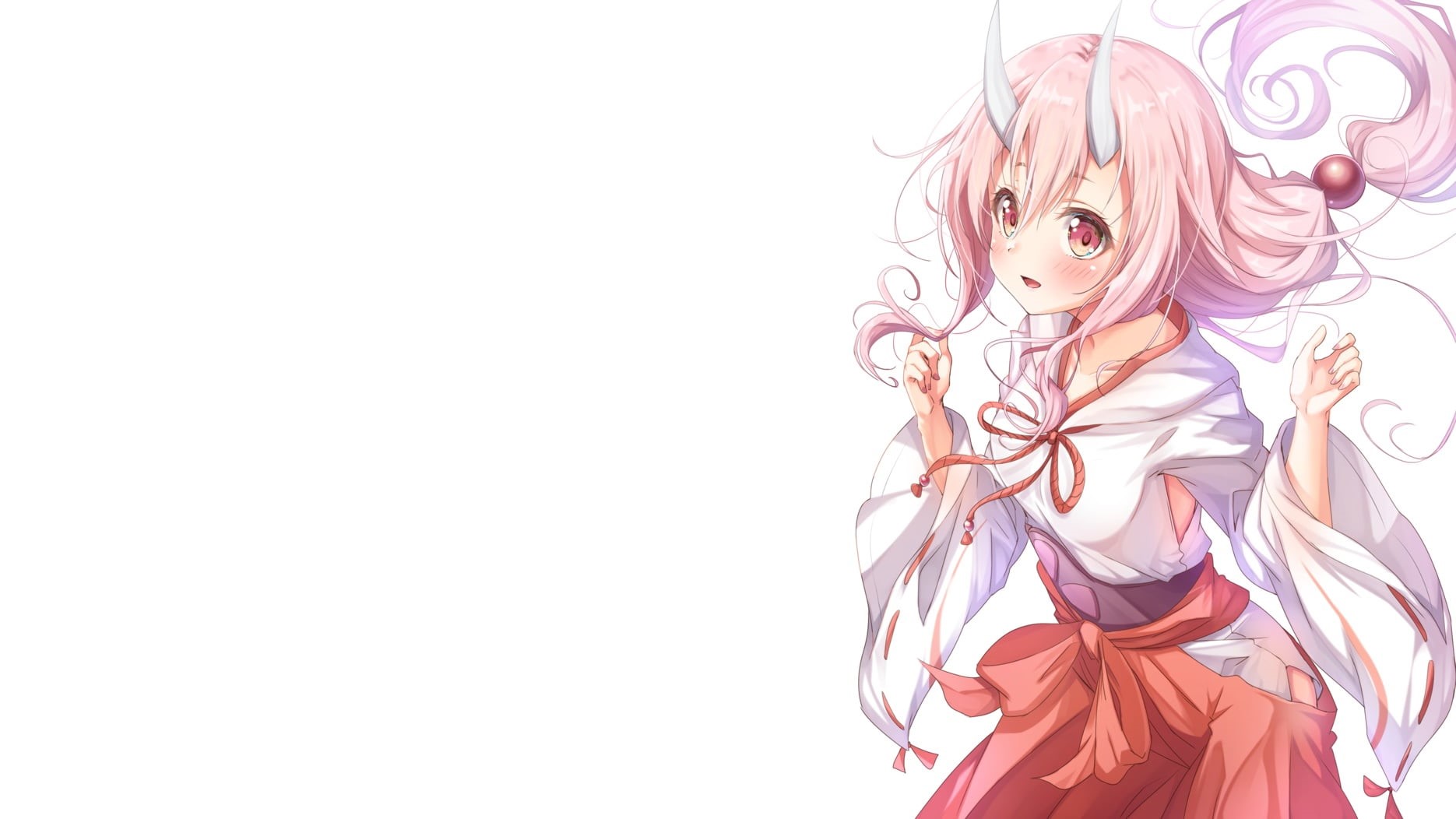 long hair, headdress, ponytail, Tensei Shitara Slime Datta Ken, red eyes, pink hair, blush, 720P, horns, Japanese clothes, HD Wallpaper