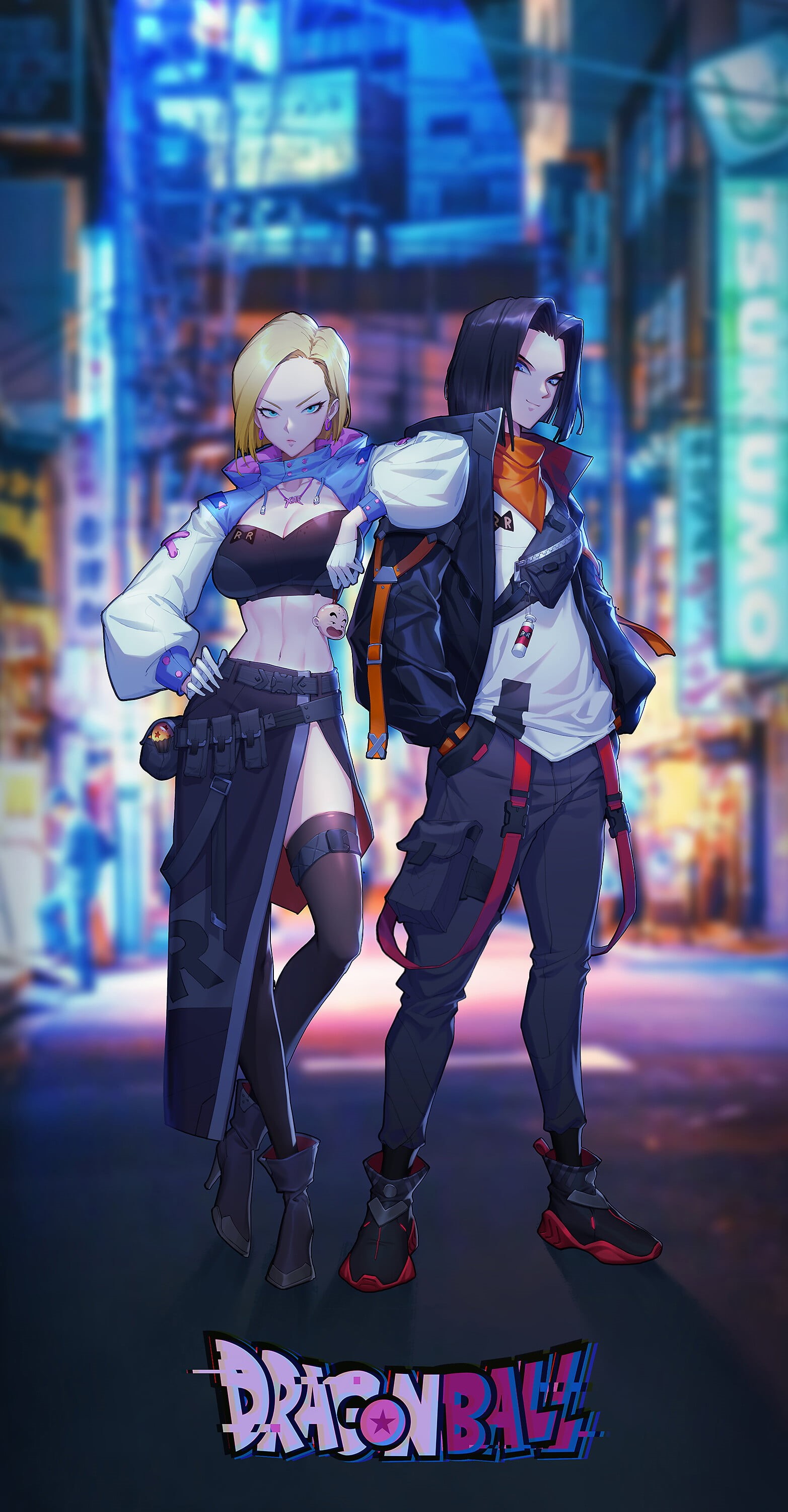 anime, Android 18, 2K, anime boys, portrait display, vertical, anime girls, Dragon Ball, city, street, Android 17, Phone HD Wallpaper