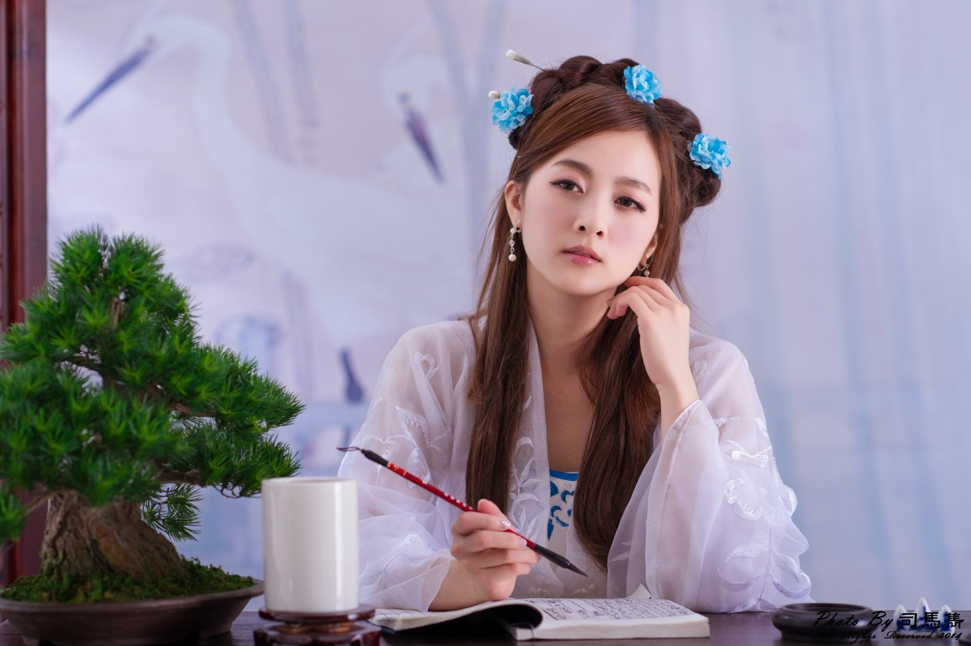 front view, leisure activity, contemplation, real people, Bonsai, looking, long hair, Models, indoors, Mikako Zhang Kaijie, one person, beautiful woman, HD Wallpaper