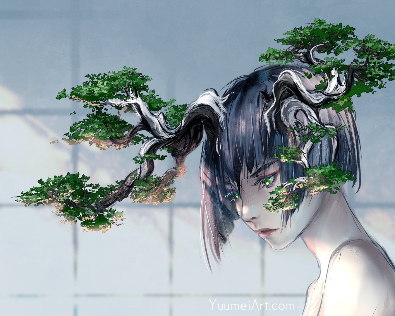 anime, Yuumei, 720P, antlers, bonsai, HD Wallpaper