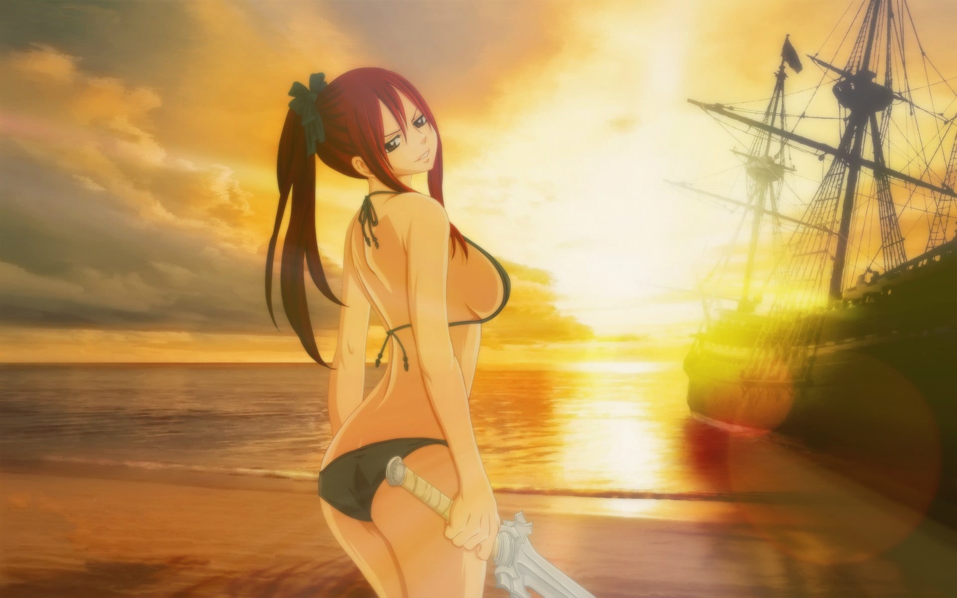 cloud - sky, lifestyles, Scarlet Erza, standing, hairstyle, nautical vessel, sky, horizon over water, transportation, beauty in nature, young adult, women, HD Wallpaper