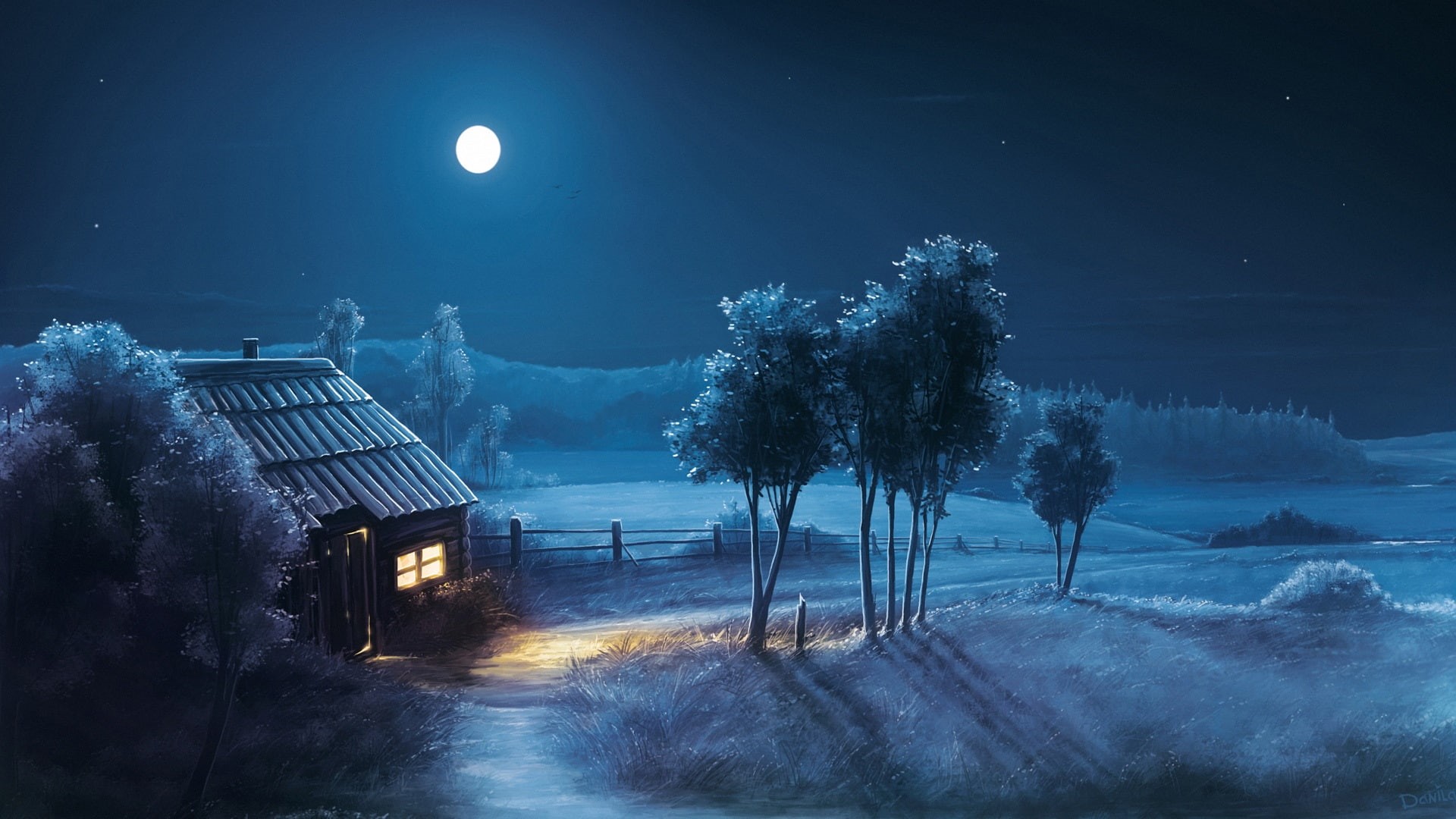 Fields, Design, 1080P, Moon, Art, Trees, House, Night, HD Wallpaper