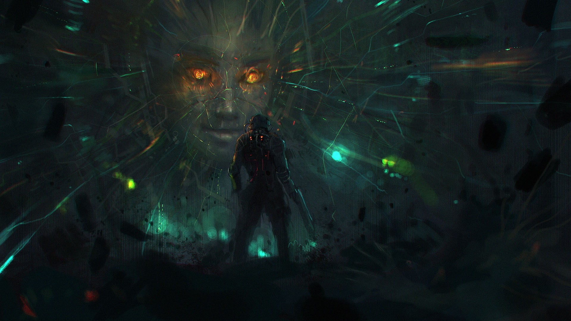 sea, cyberpunk, women, full length, mystery, 1080P, video games, System Shock 2, night, illuminated, man, adult, Shodan, digital composite, indoors, fear, HD Wallpaper