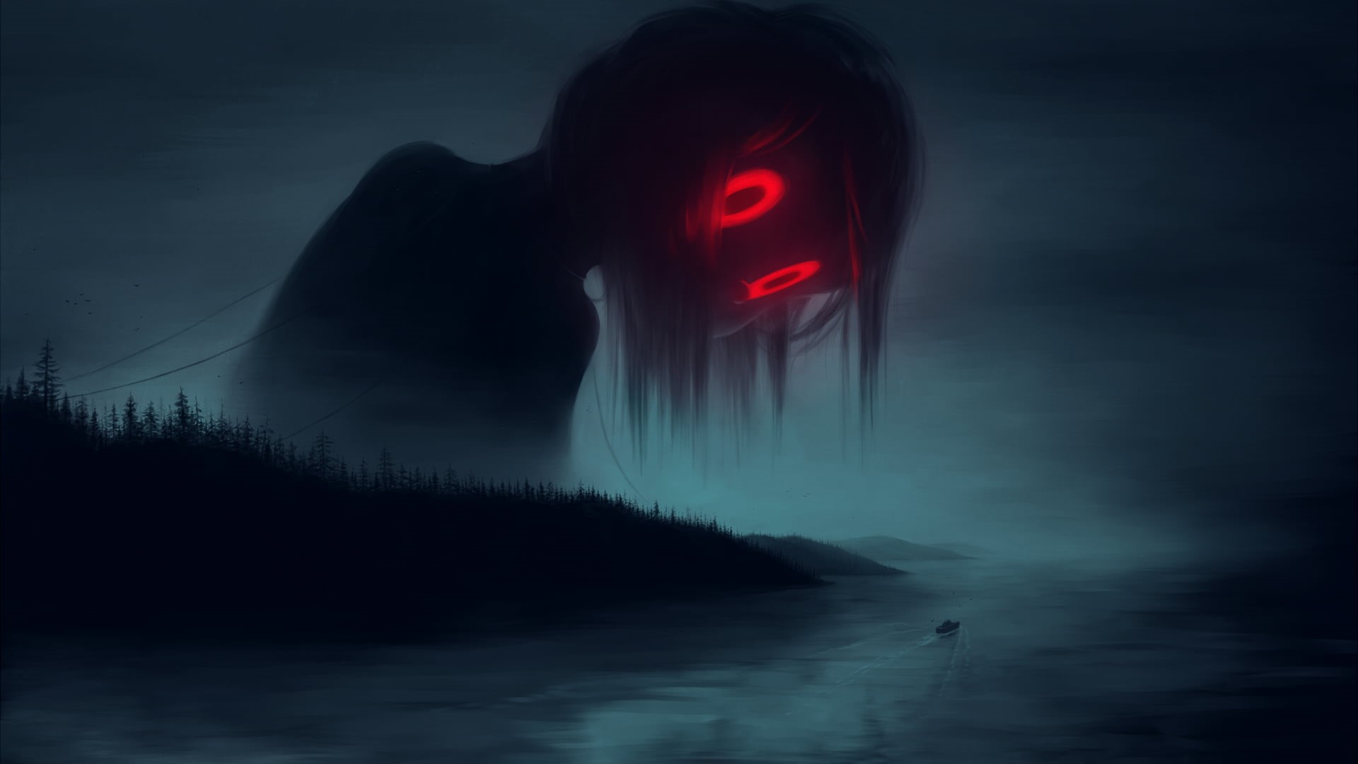 black Color, digital composite, spooky, horror, 1080P, moon, fog, artwork, halloween, one person, mystery, titans, fear, woman, red light, backgrounds, HD Wallpaper