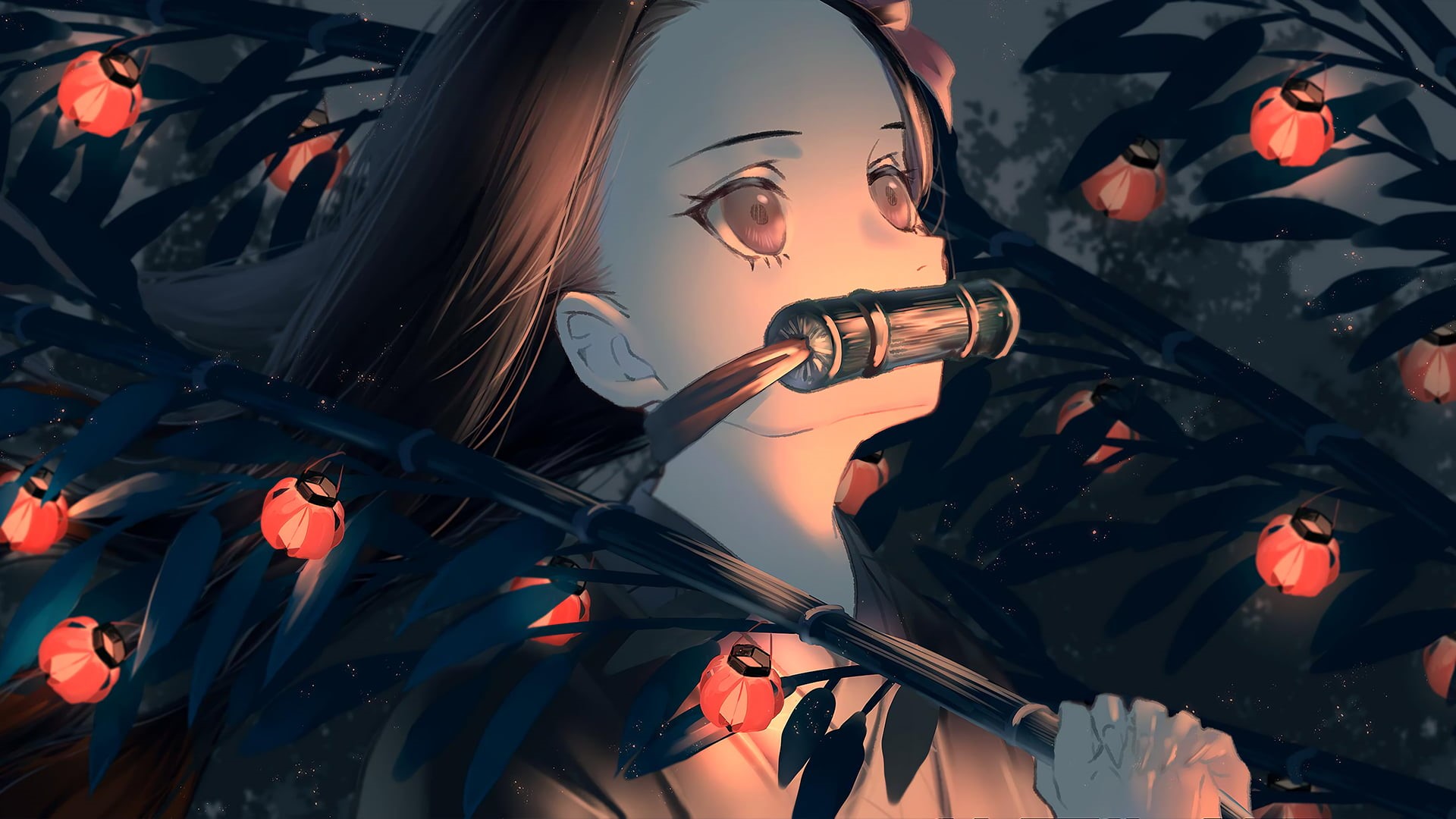 Demon Slayer: Kimetsu no Yaiba, Black Hair, Bamboo, Anime, Nezuko Kamado, 1080P, Long Hair, Night, Red Eyes, HD Wallpaper