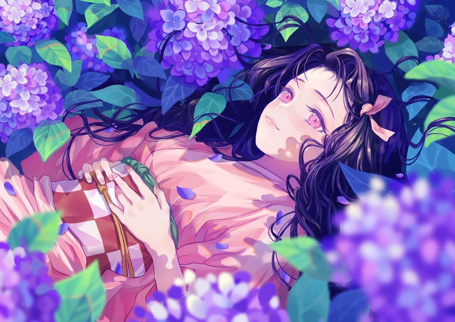 720P, hydrangea, kimono, flowers, Kimetsu no Yaiba, Kamado Nezuko, lying down, HD Wallpaper