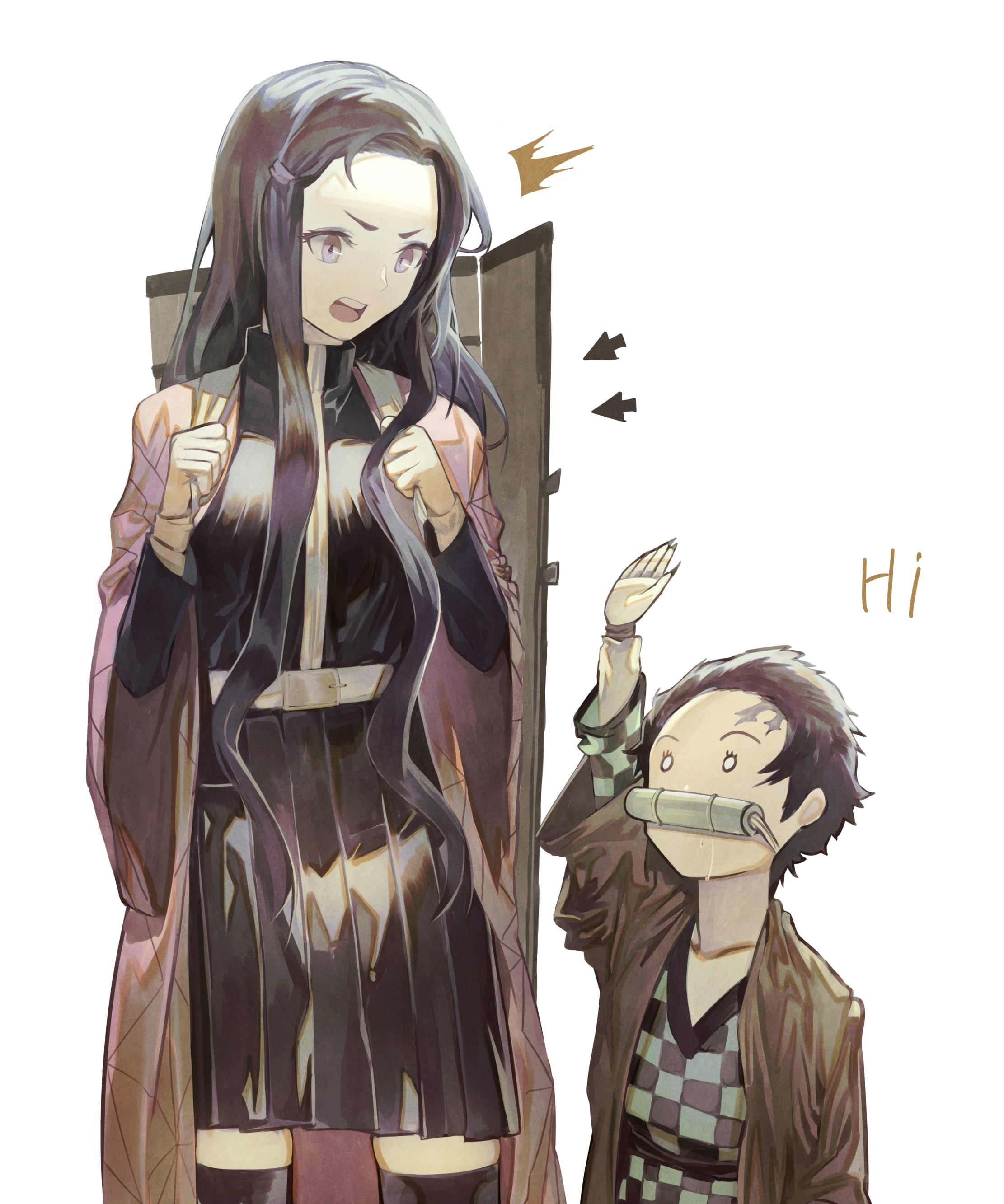 black hair, bamboo, long hair, Kamado Tanjirō, 2K, 2D, simple background, Kimetsu no Yaiba, Kamado Nezuko, drool, fan art, vertical, Phone HD Wallpaper