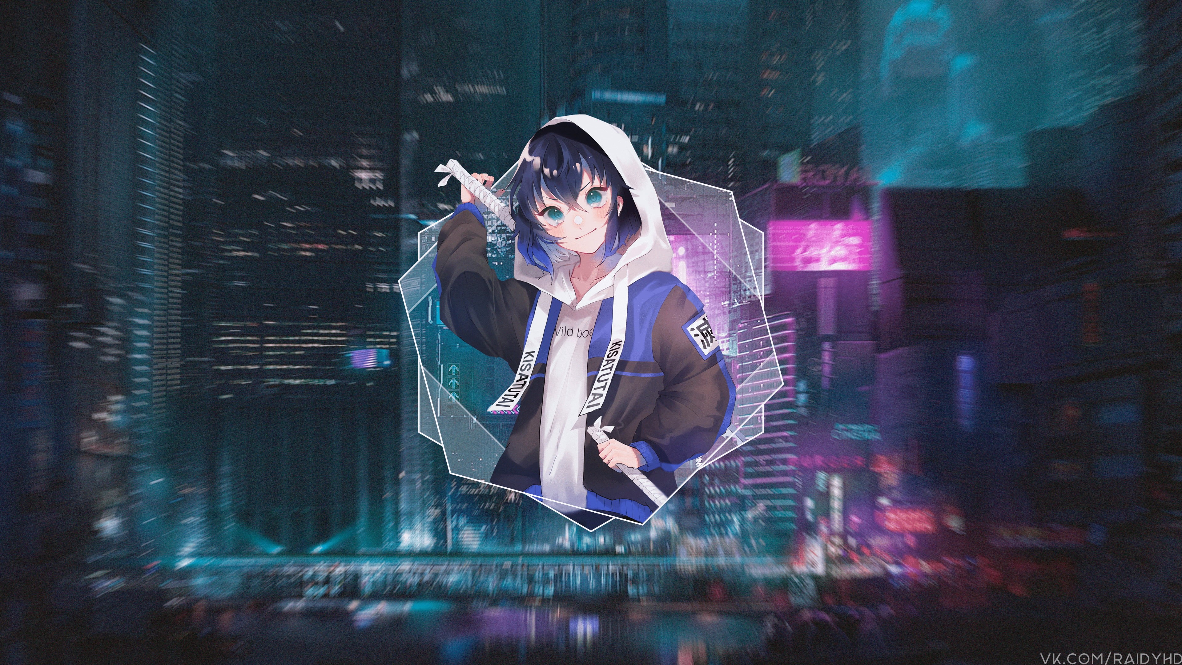 anime, picture-in-picture, Inosuke Hashibira, cyberpunk, 4K, anime boys, HD Wallpaper