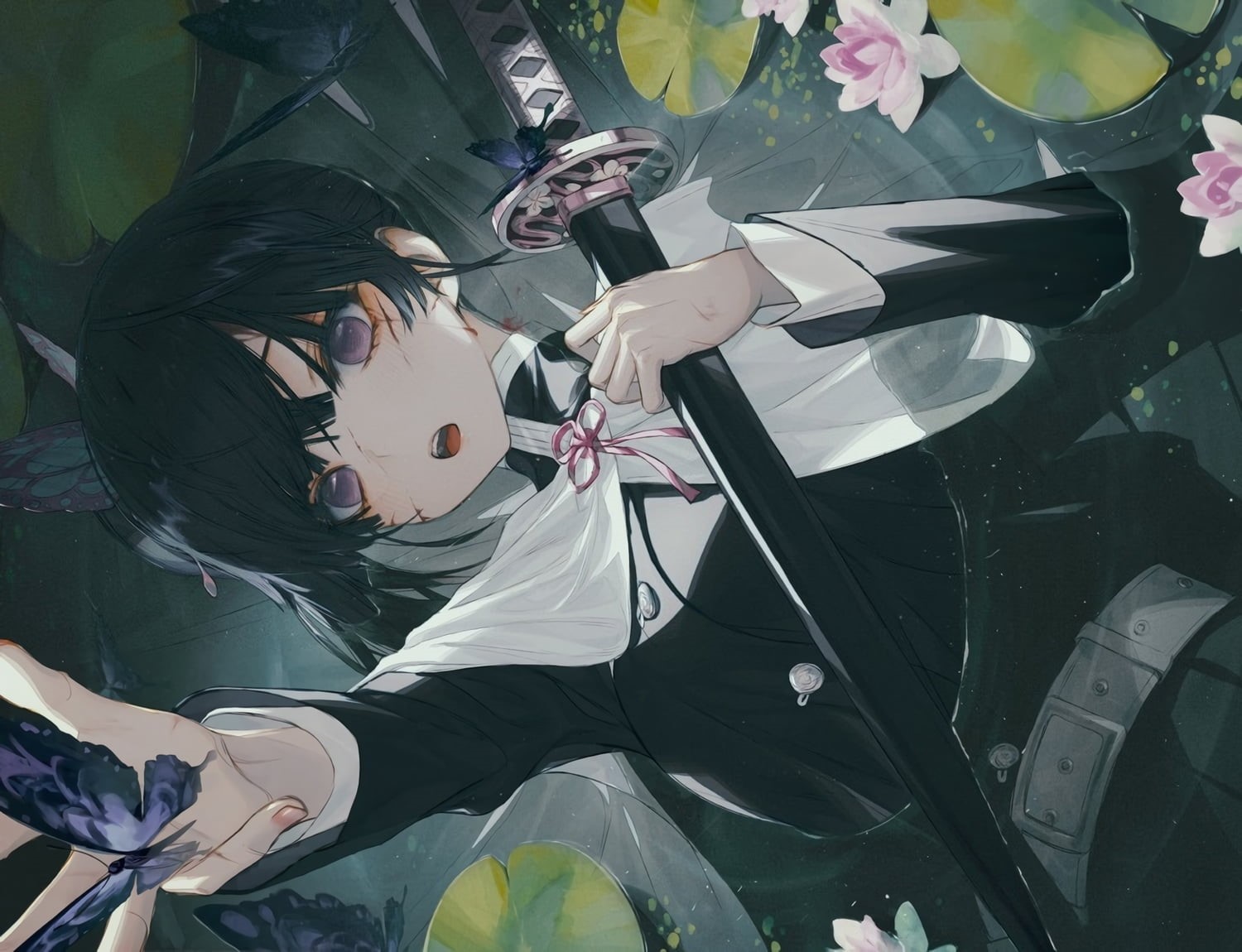 uniform, sword, katana, water, Kanao Tsuyuri, Kimetsu no Yaiba, flowers, purple eyes, cape, 720P, black hair, short hair, HD Wallpaper