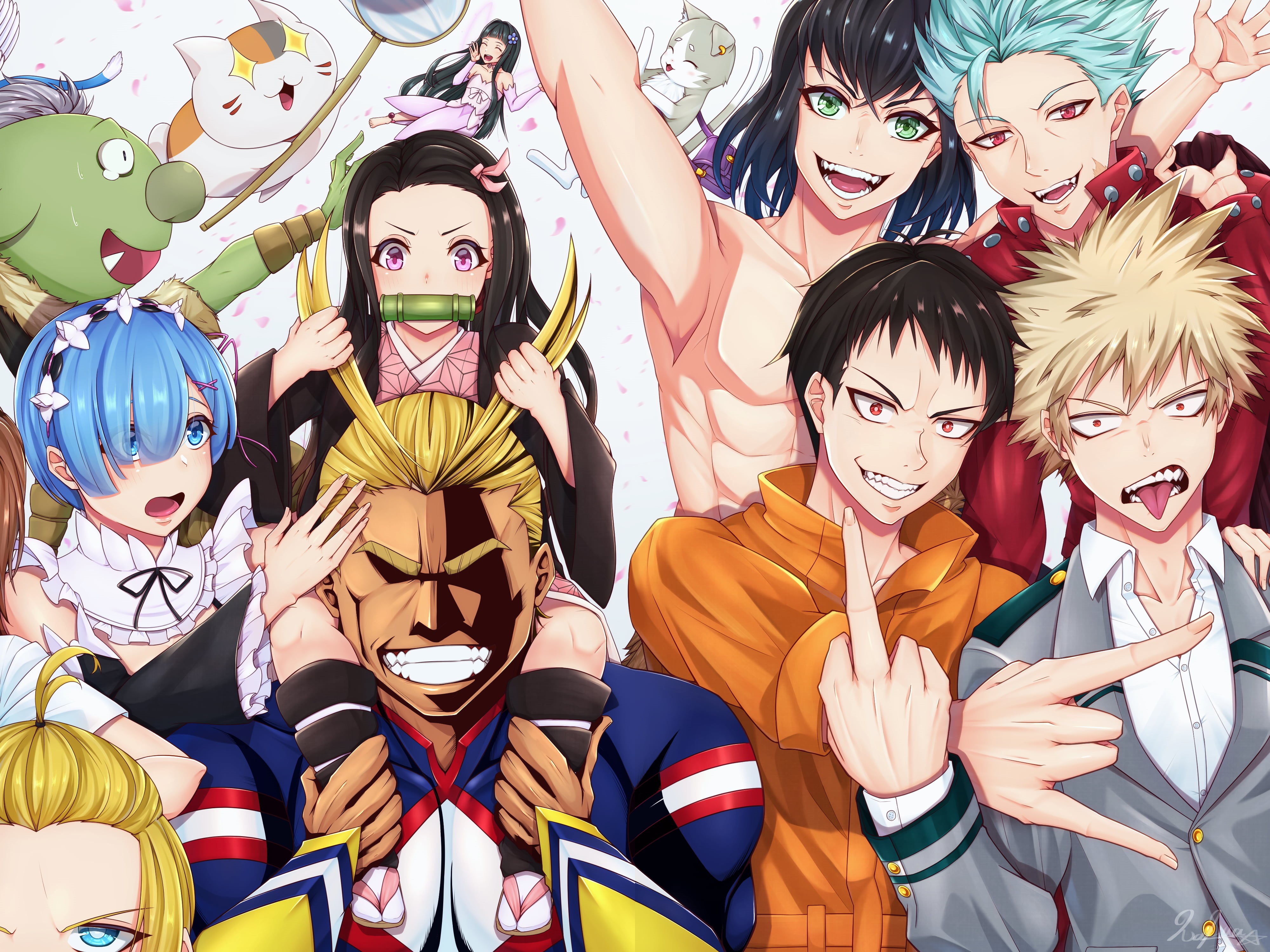 Yui(Sword Art Online), Happy (Fairy Tail), Puck (Re:Zero), Yagi Toshinori, Ban, Rem (Re-zero), Boku no Hero Academia, Kamado Nezuko, Enen no Shouboutai, HD Wallpaper