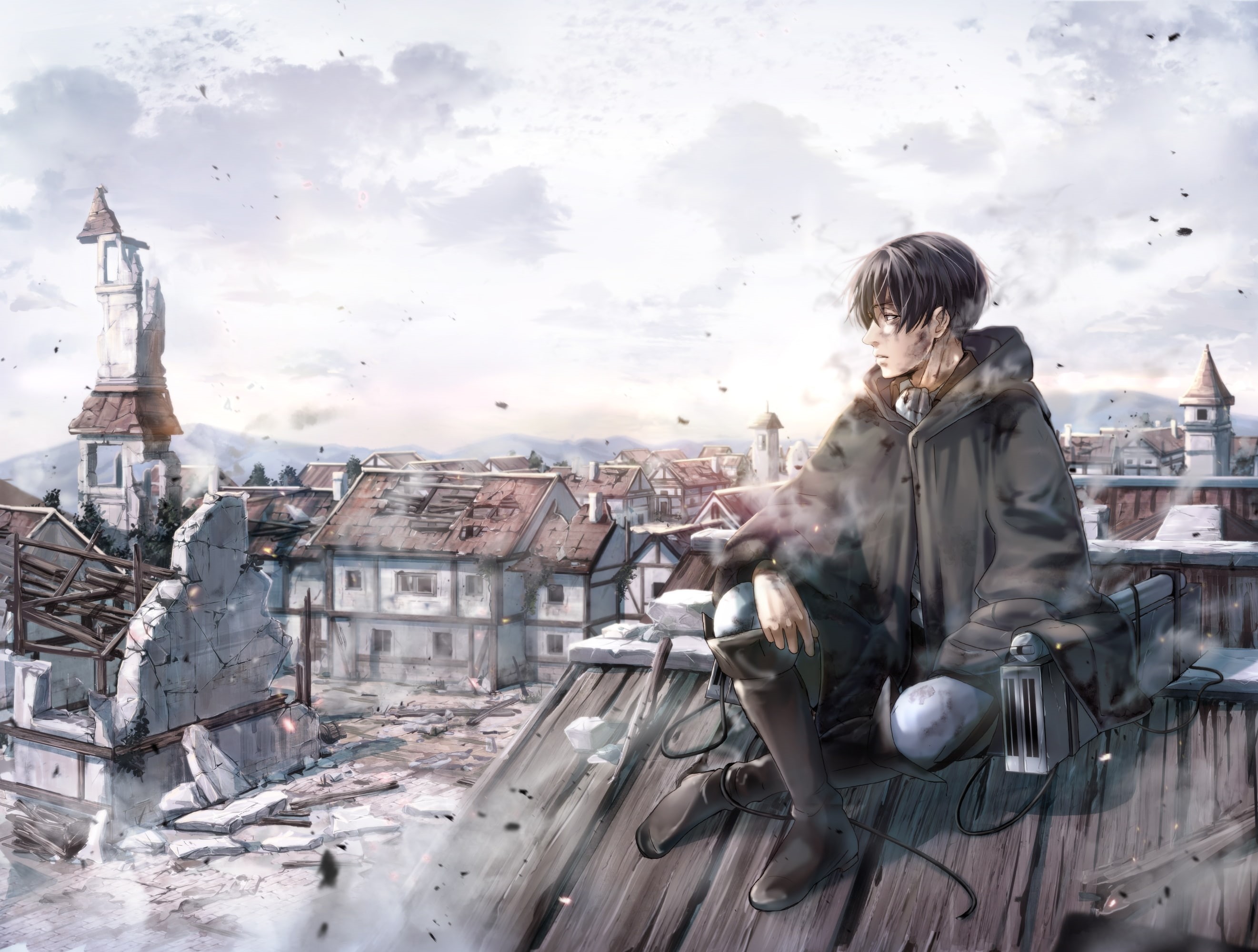 casual clothing, one person, Anime, day, nature, real people, destruction, levi, 2K, cloud - sky, shingeki no kyojin, sitting, leisure activity, building exterior, HD Wallpaper