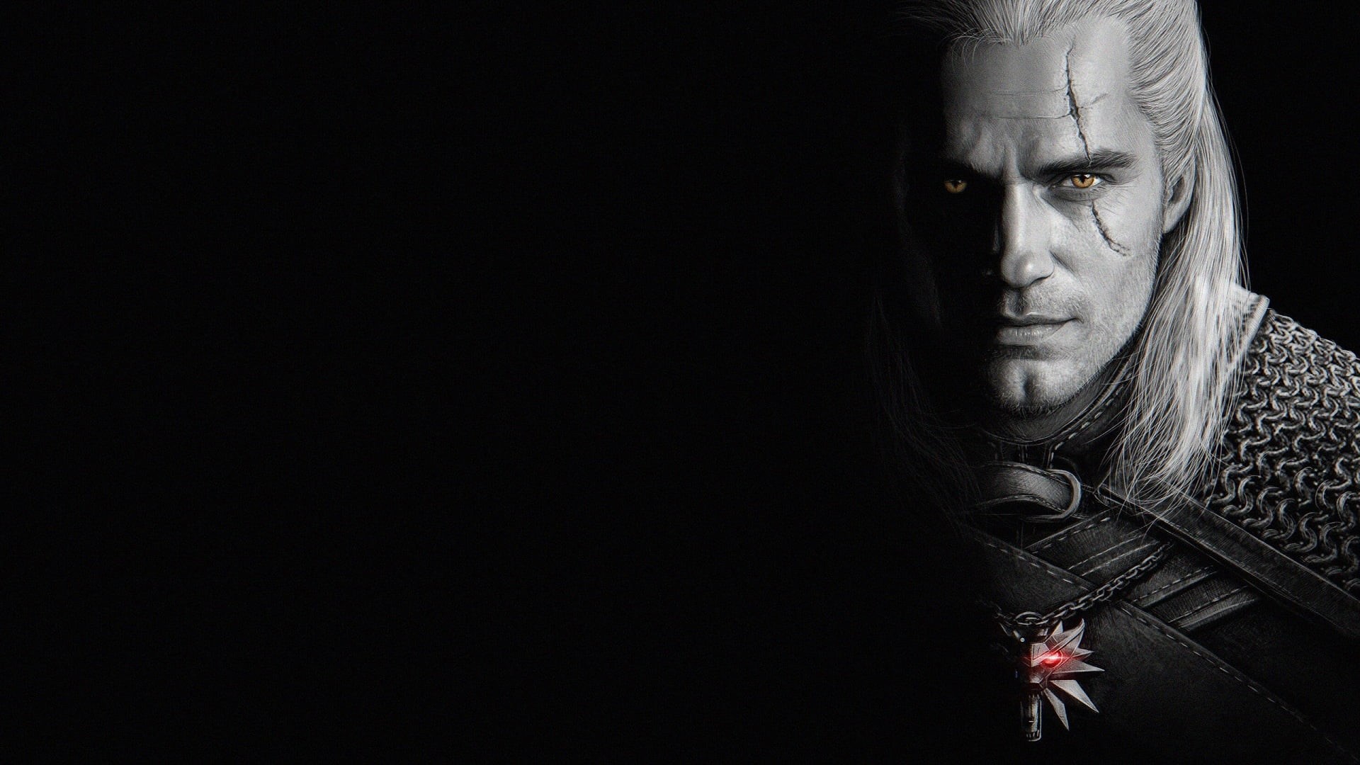 male, 1080P, black background, 2019, The Witcher, scar, look, HD Wallpaper