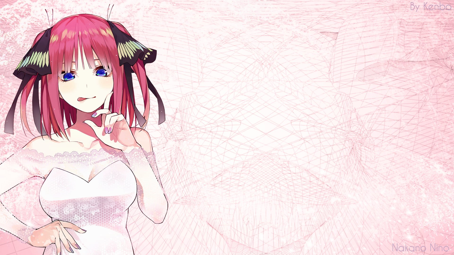 redhead, 2D, wedding dress, blue eyes, anime girls, 5-toubun no Hanayome, twintails, Nakano, anime, smiling, white dress, 1080P, pink hair, shades, purple eyes, HD Wallpaper