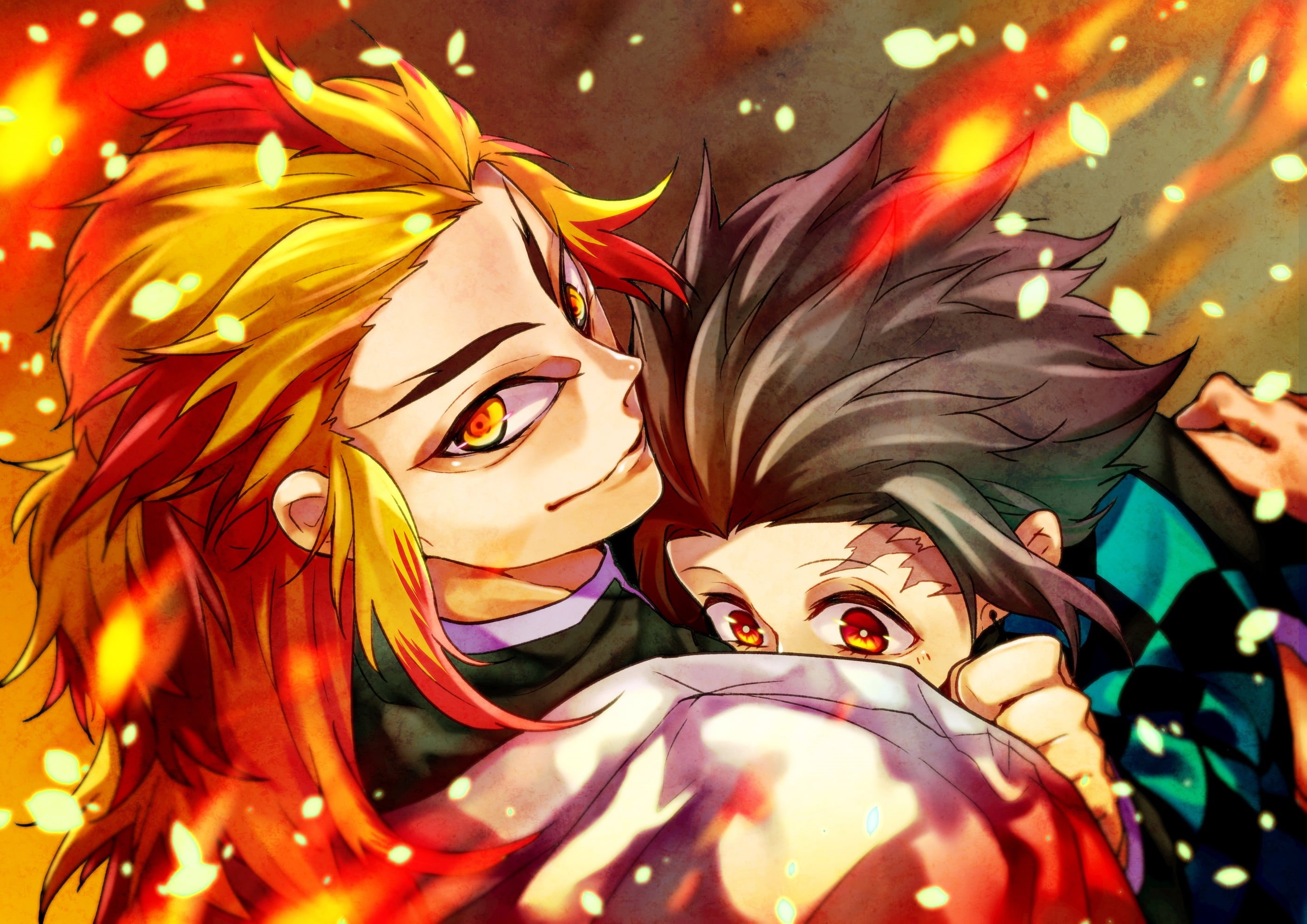 Demon Slayer: Kimetsu no Yaiba, Anime, Kyojuro Rengoku, Tanjirou Kamado, 2K, HD Wallpaper