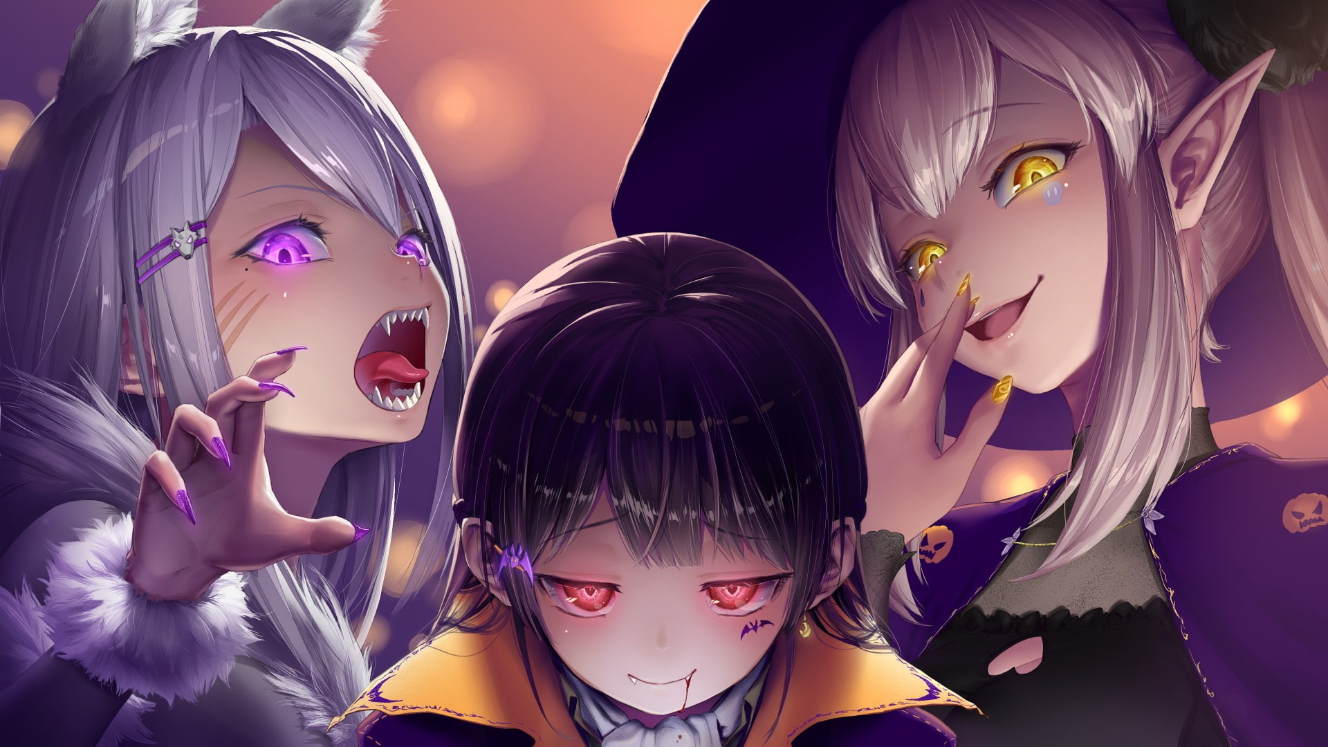 leisure activity, hair ribbon, purple eyes, kath, looking at camera, indoors, hairstyle, white hair, nail polish, front view, Halloween, women, girls, headshot, HD Wallpaper