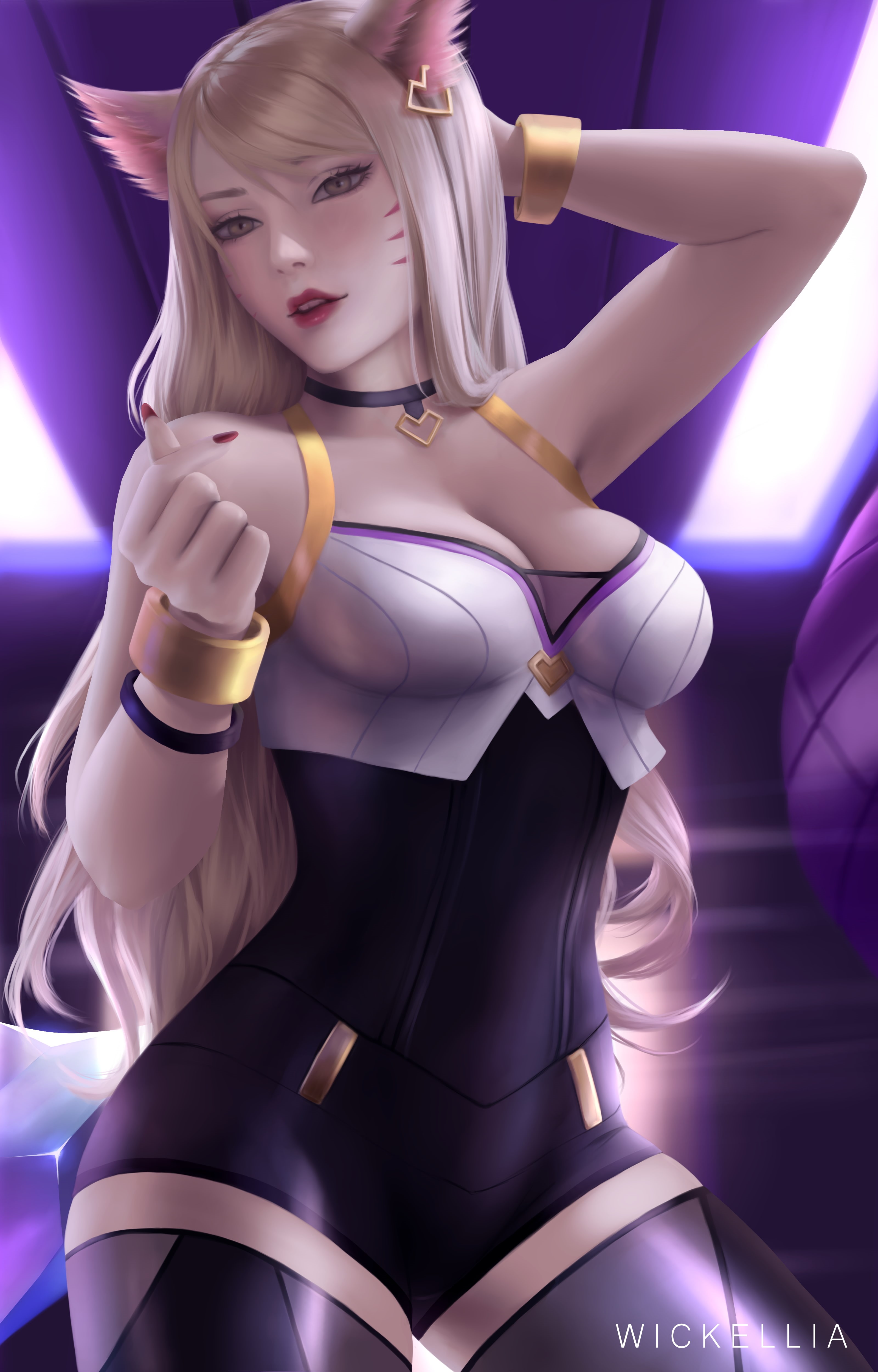 anime, 4K, Wickellia, League of Legends, K/DA, thigh-highs, Ahri (League of Legends), anime girls, thigh high boots, cleavage, animal ears, Phone HD Wallpaper
