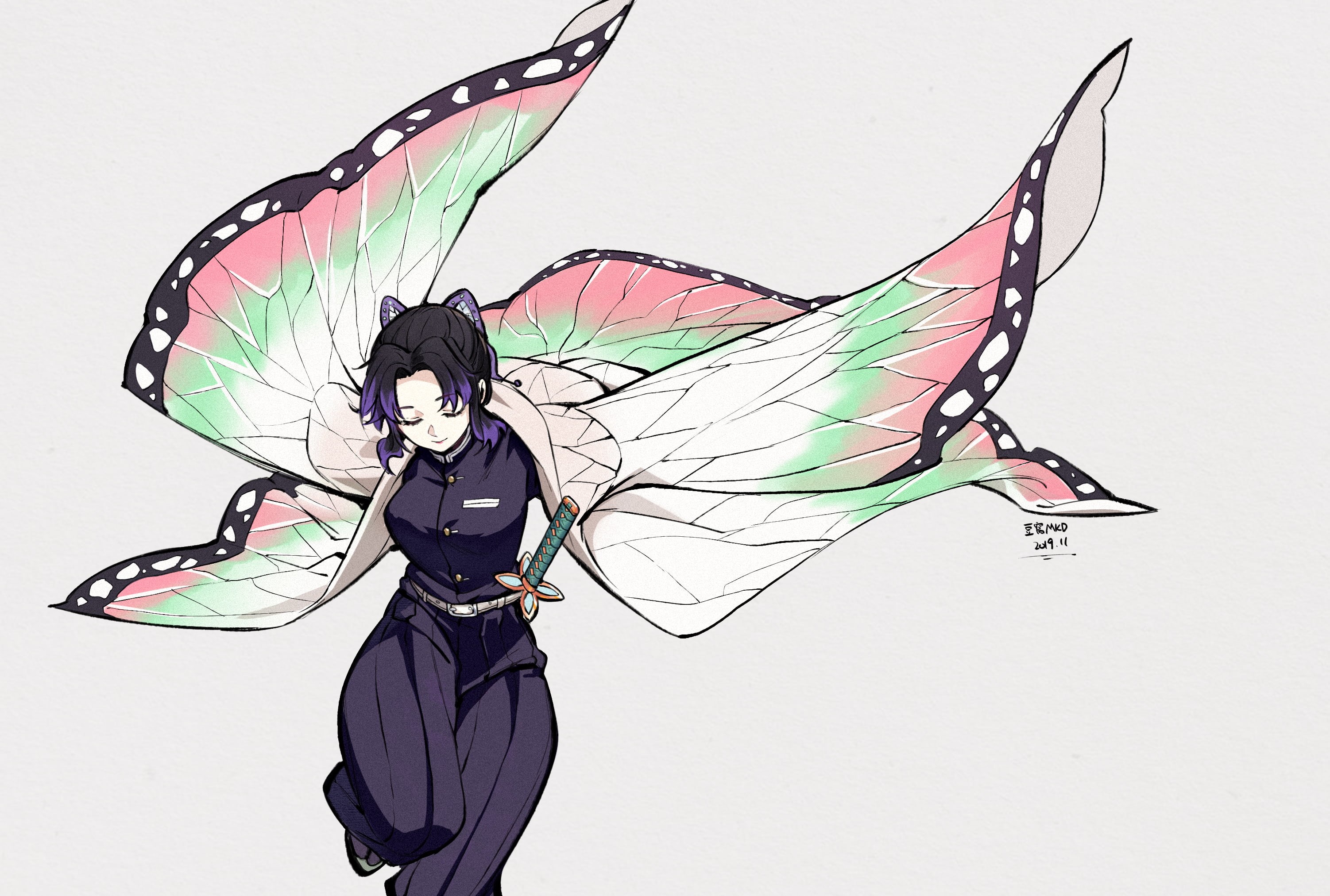 sword, uniform, weapon, katana, Kimetsu no Yaiba, black hair, kimono, Kochou Shinobu, 2K, gray, Japanese clothes, HD Wallpaper