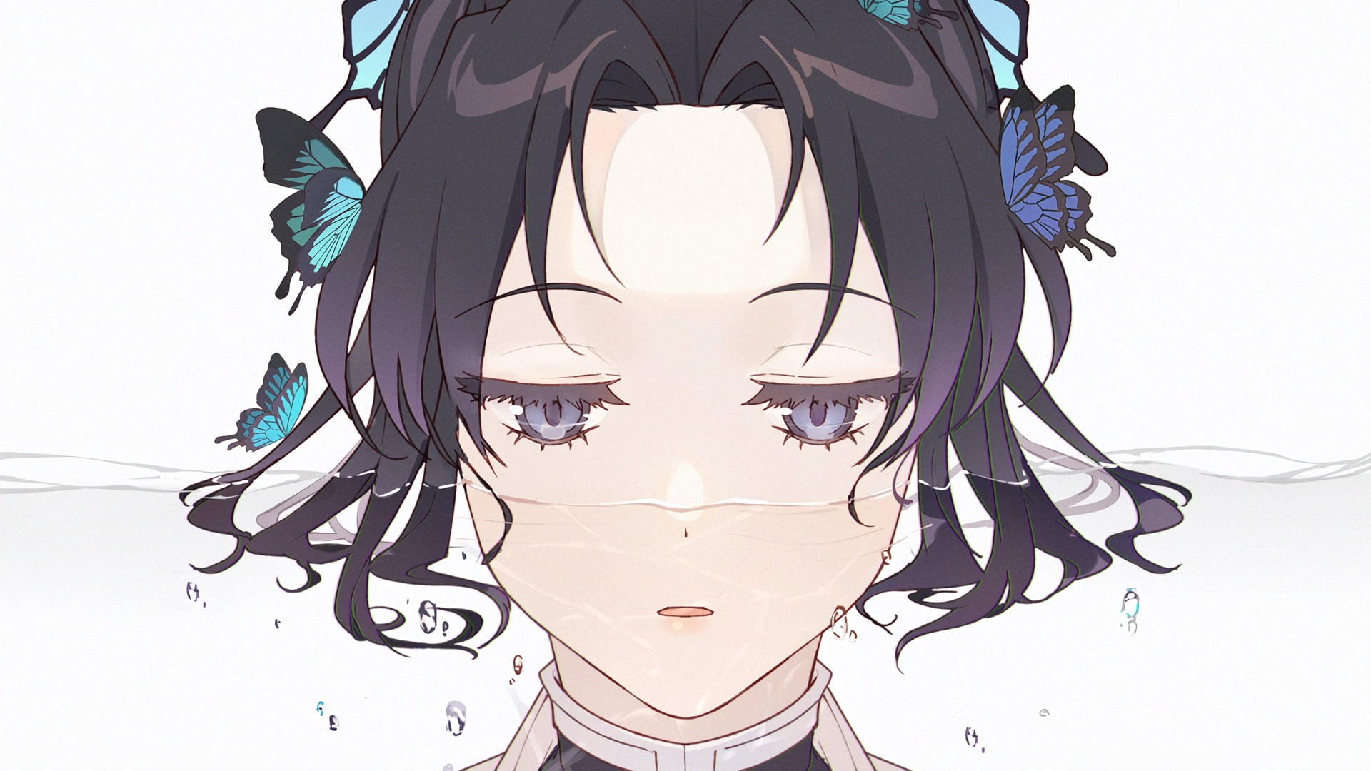 parted lips, butterfly, simple background, Kochou Shinobu, Kimetsu no Yaiba, manga, anime, 1080P, anime girls, HD Wallpaper