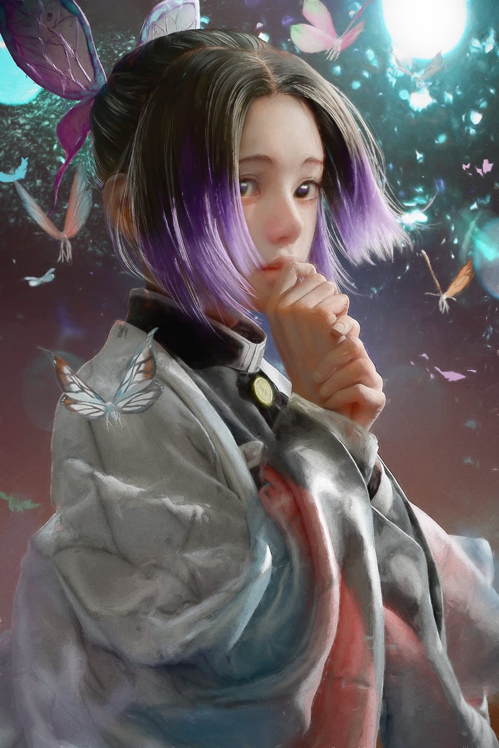 anime girls, Kimetsu no Yaiba, looking at viewer, black eyes, 720P, digital art, black hair, vertical, 2D, fan art, Kochou Shinobu, Japanese kimono, multi-colored hair, Phone HD Wallpaper