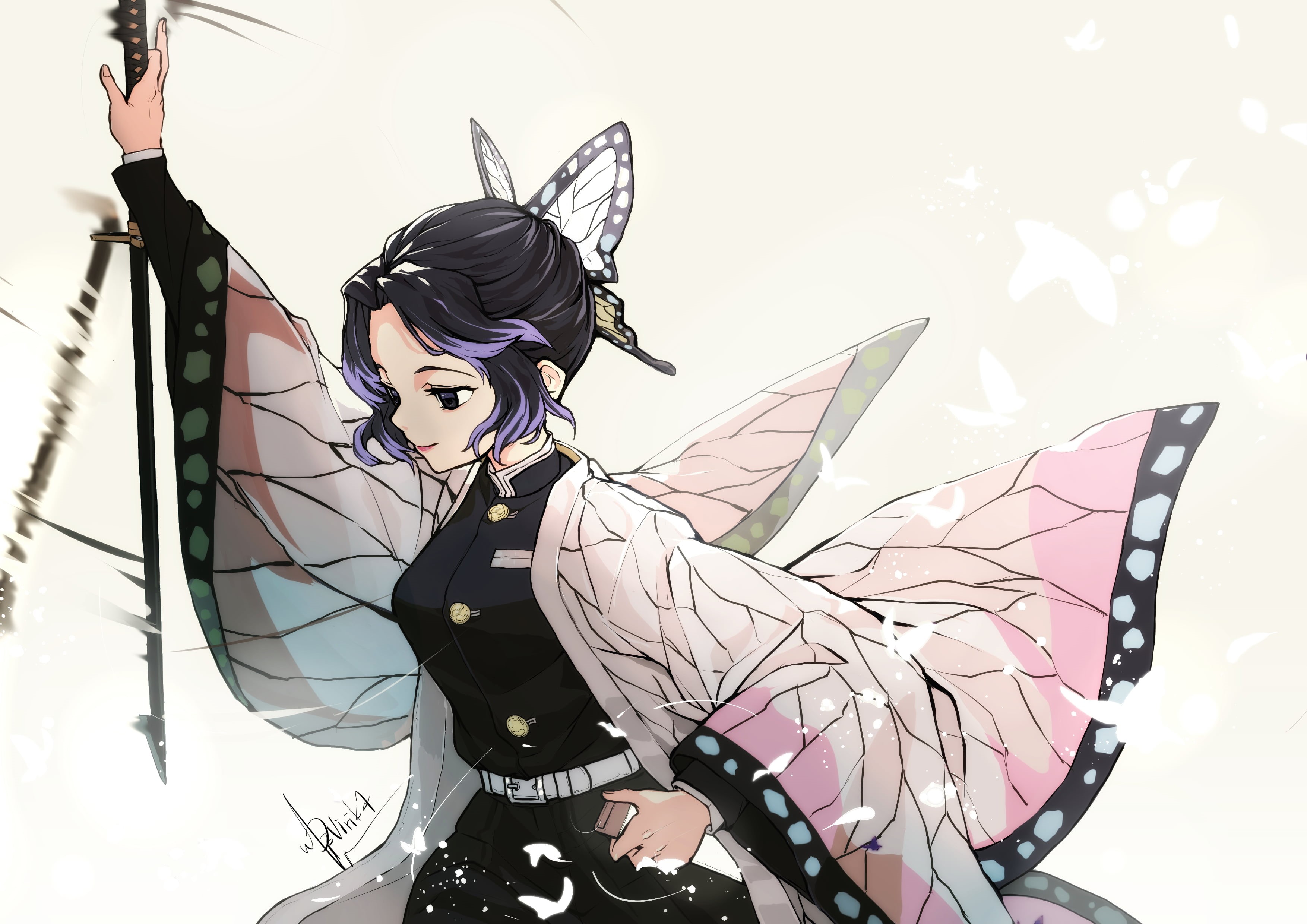 Kochou Shinobu, 2K, Japanese kimono, black eyes, katana, Kimetsu no Yaiba, anime girls, fan art, simple background, butterfly, 2D, multi-colored hair, HD Wallpaper