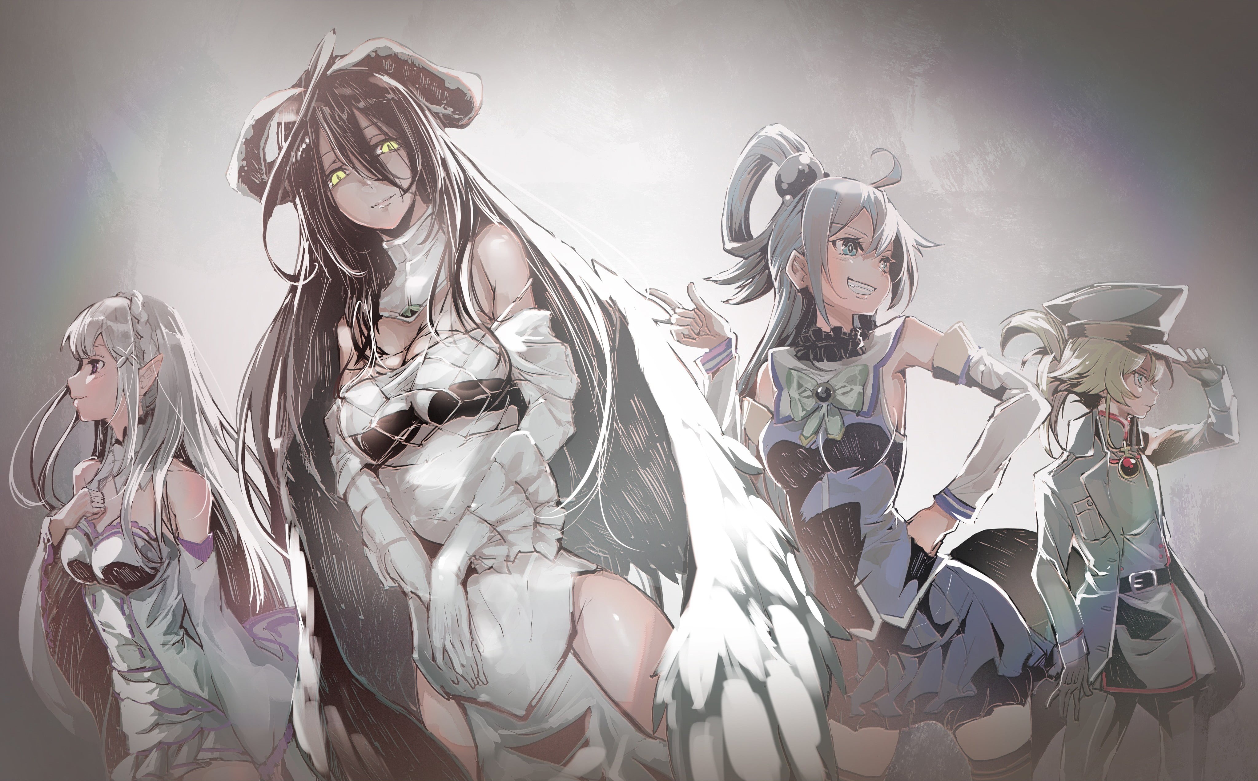 Isekai Quartet, Youjo Senki, Aqua (KonoSuba), crossover, Tanya Degurechaff, Overlord (anime), 4K, Re:Zero Kara Hajimeru Isekai Seikatsu, anime girls, Kono Subarashii Sekai ni Shukufuku wo!, HD Wallpaper