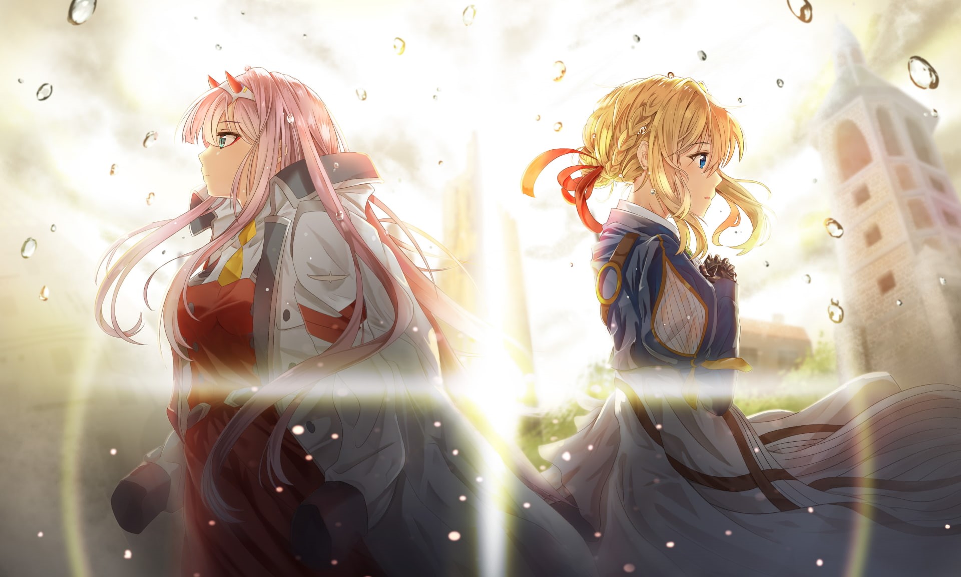 Violet Evergarden, Darling in the FranXX, crossover, pink hair, Zero Two (Darling in the FranXX), anime girls, 1080P, HD Wallpaper
