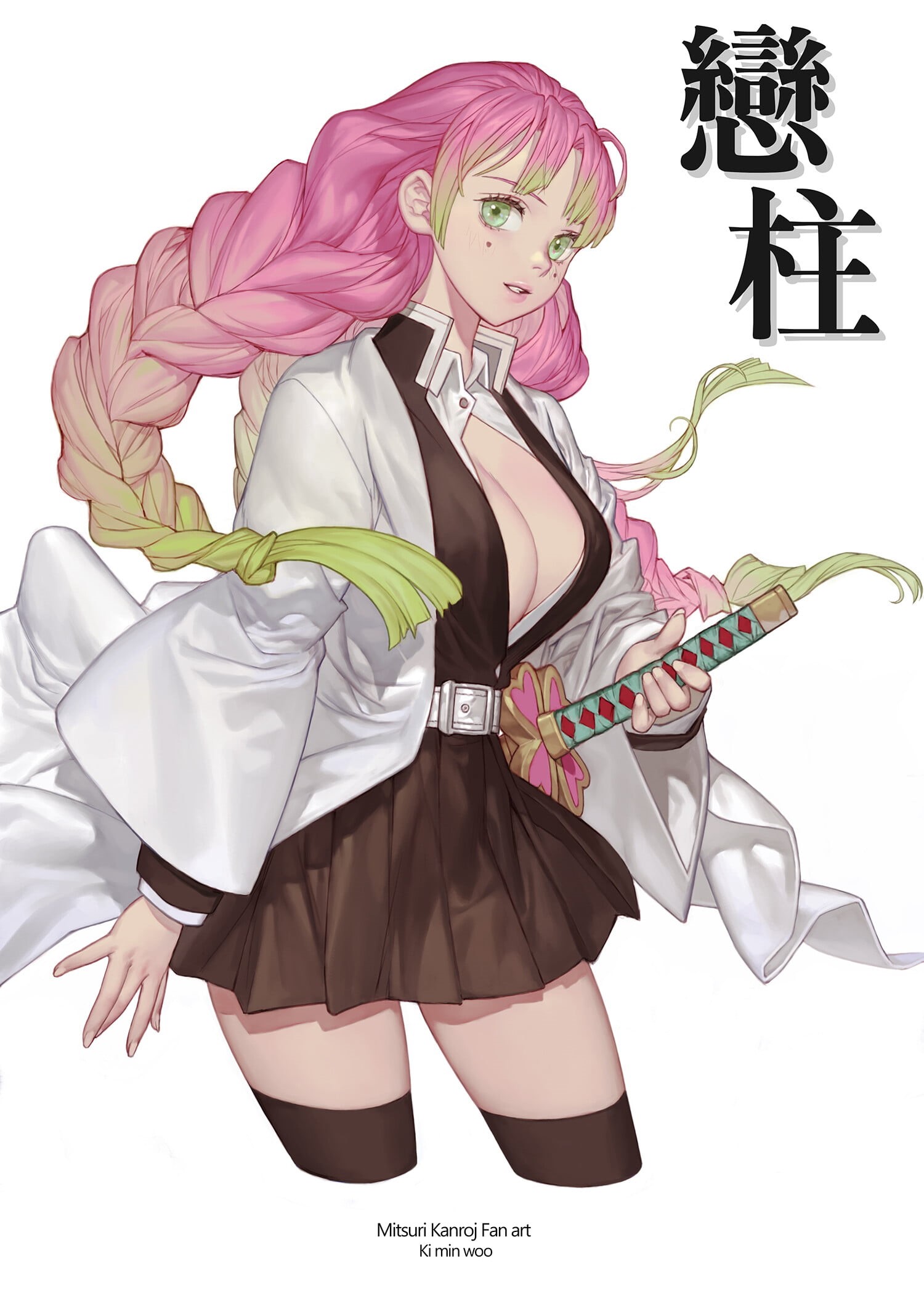 illustration, Ki Min-Woo, Kimetsu no Yaiba, green eyes, digital art, fan art, artwork, women, katana, Kanroji Mitsuri (Kimetsu no Yaiba), pink hair, kimono, Phone HD Wallpaper