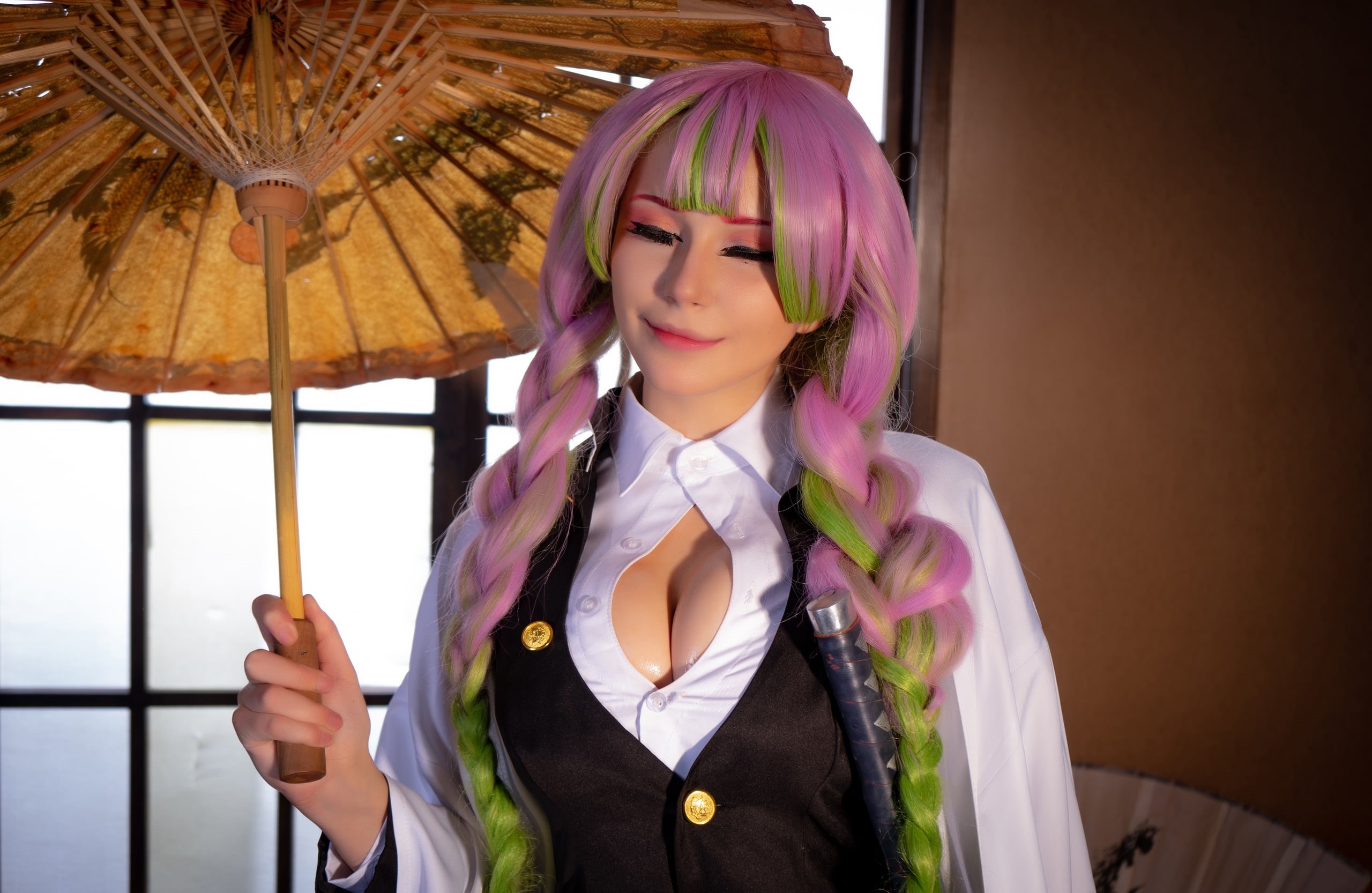cosplay, closed eyes, Mitsuri Kanroji, cleavage, women, weapon, women indoors, smiling, long hair, Vera Andreeva, model, Kimetsu no Yaiba, 2K, braided hair, HD Wallpaper