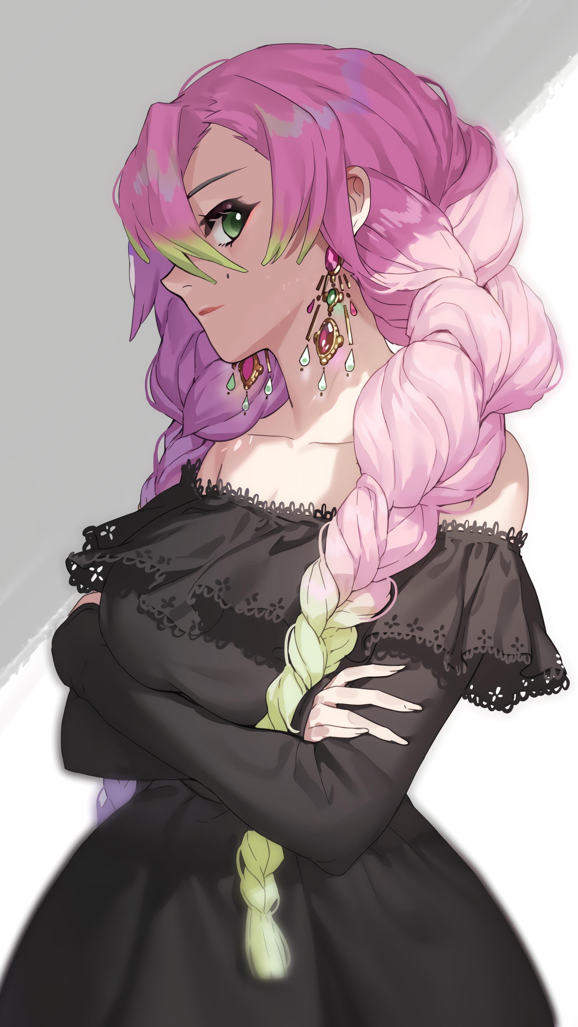 4K, green eyes, braided hair, long hair, artwork, red lipstick, mole under eye, alternate costume, multi-colored hair, hair over one eye, gradient hair, Phone HD Wallpaper