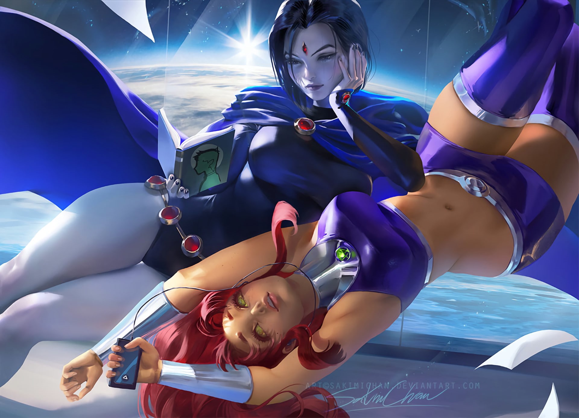 Smile, 1080P, Short Hair, Bracelet, Book, Cloak, Space, Long Hair, Flying, Belt, Thigh Boots, Starfire (DC Comics), Raven (DC Comics), Girl, Phone, Teen, HD Wallpaper