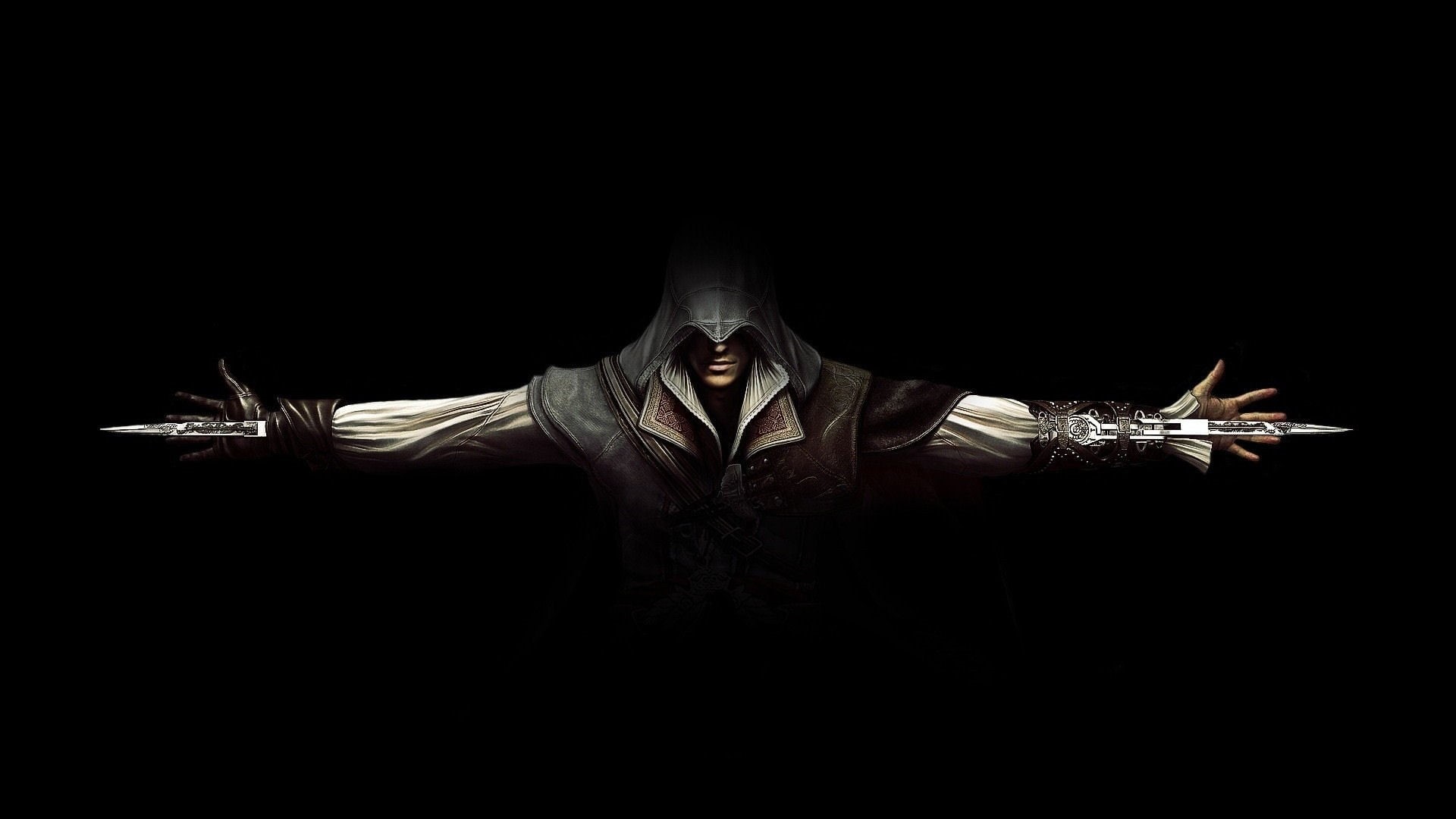 copy space, digital composite, arms raised, one person, front view, men, hand, 1080P, adult, leather, portrait, belt, limb, Assassins Creed, black, spirituality, HD Wallpaper