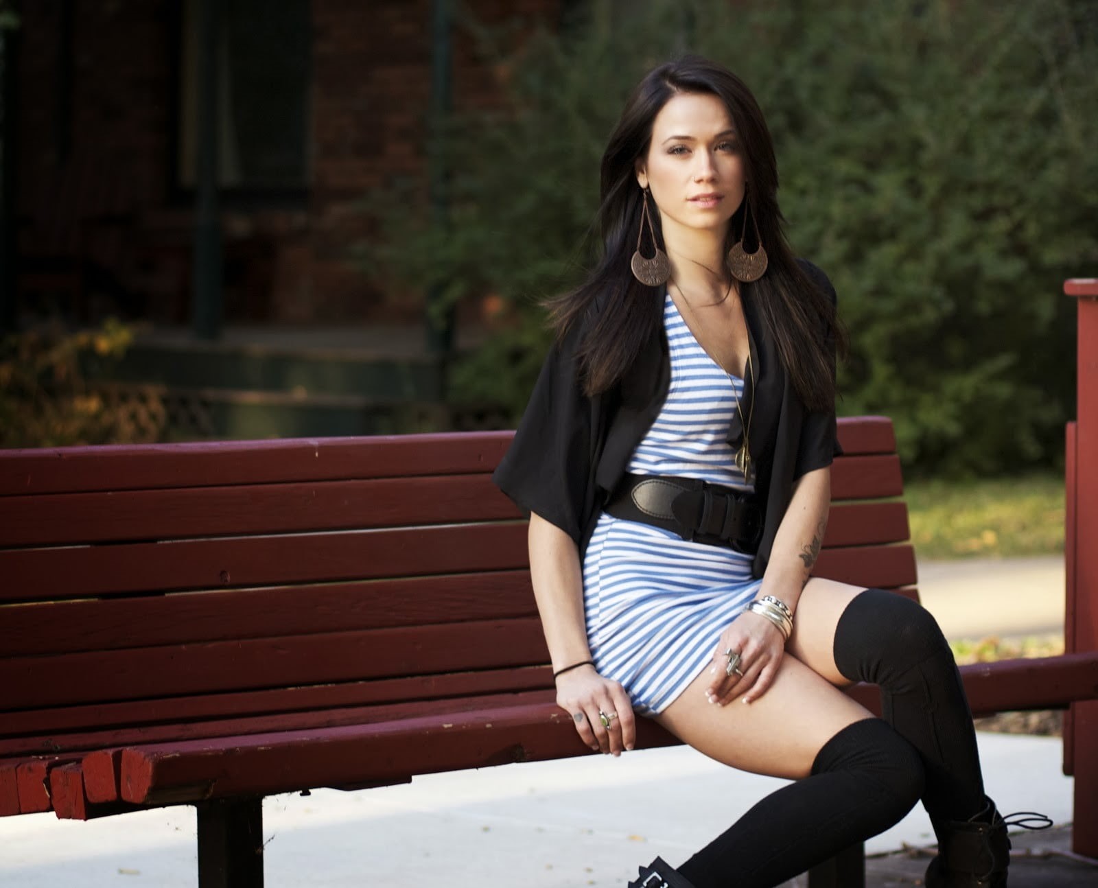 blazer, s, tattoo, trees, minidress, beautiful woman, blue stripes, knee-highs, Megan Lyn, belt, tall socks, black, outdoors, sitting, lifestyles, real people, HD Wallpaper