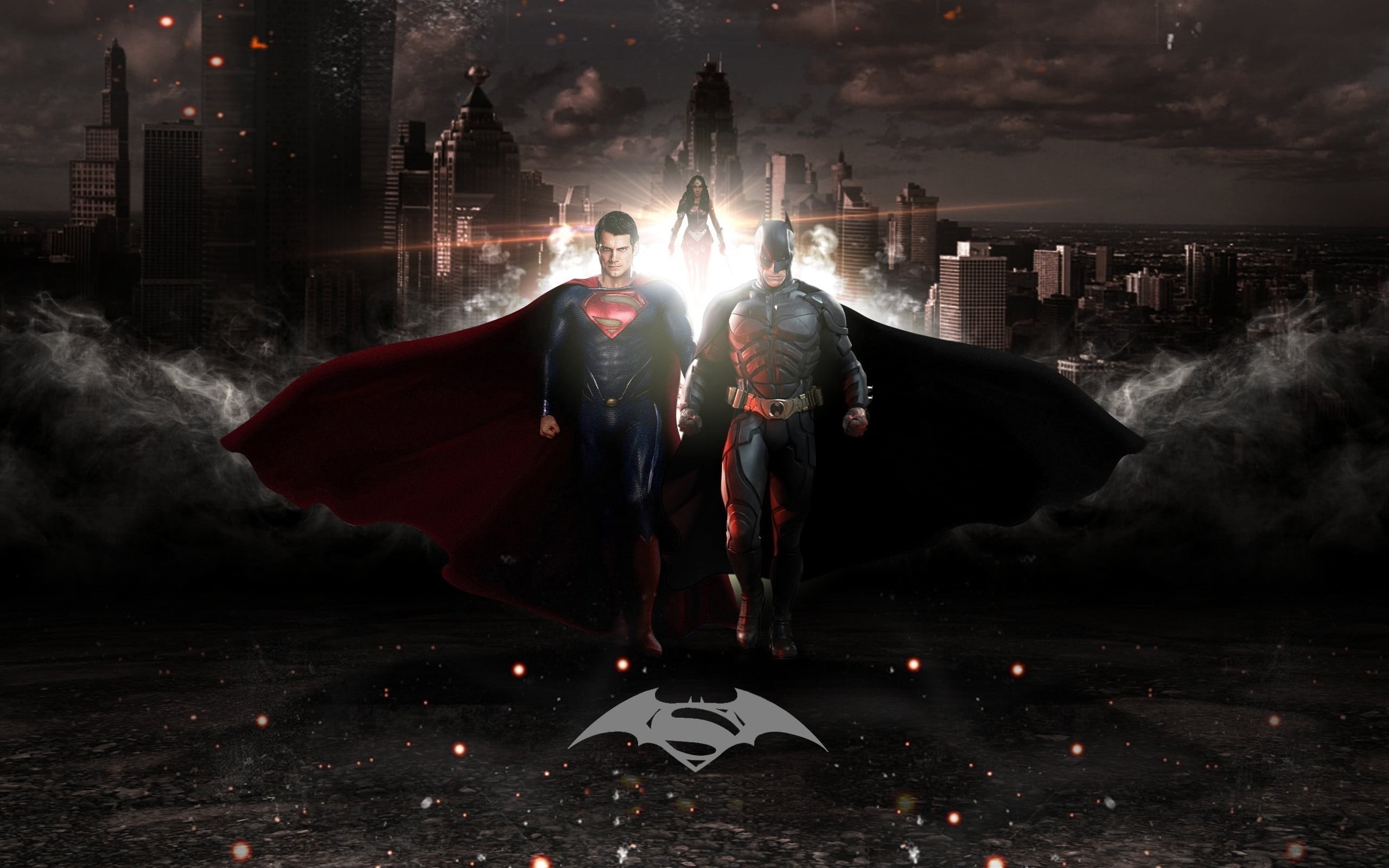 smoke - Physical Structure, man, Marvel, celebration, fantasy, front view, city, magic, Wonder Woman, uniform, Bruce Wayne, Henry Cavill, adult, dark, by Wagner Tamborin, HD Wallpaper