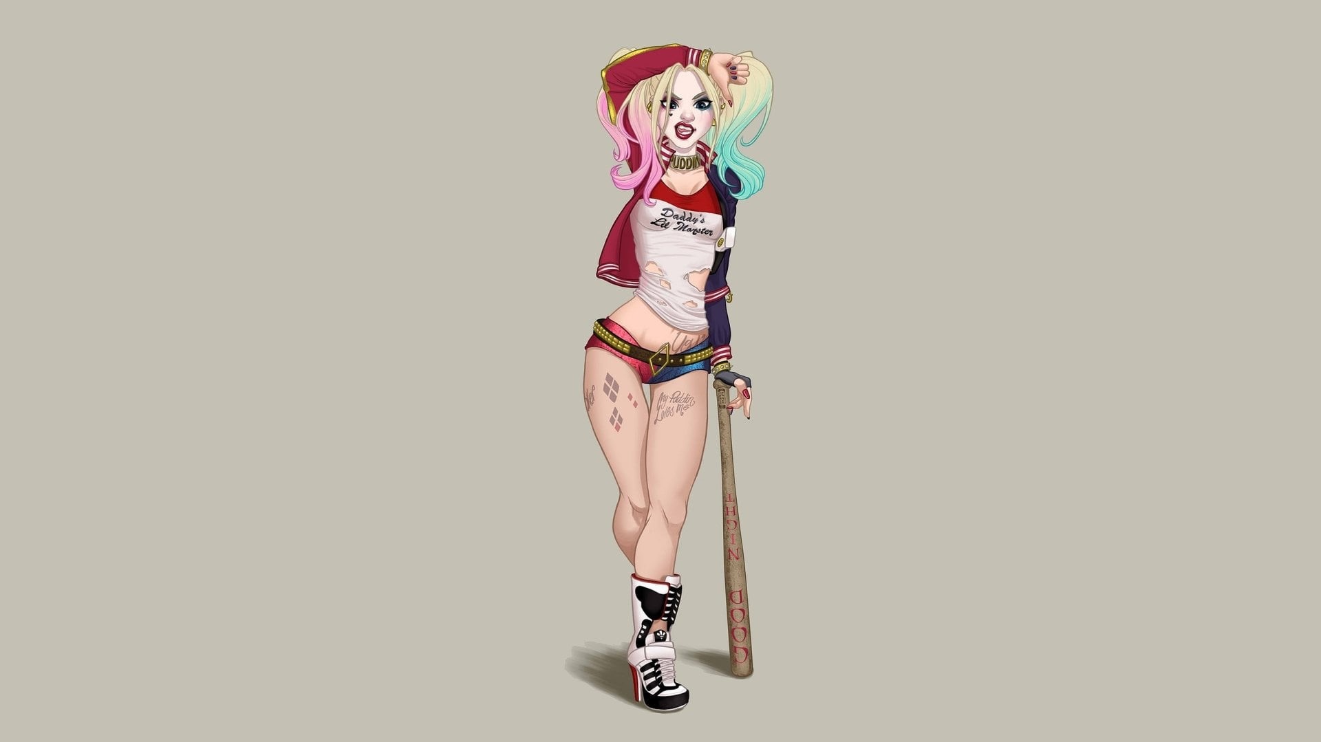 cut out, beautiful woman, indoors, human limb, Shorts, fashion, portrait, Collar, Boots, studio shot, DC Comics, looking at camera, full length, Twintails, HD Wallpaper