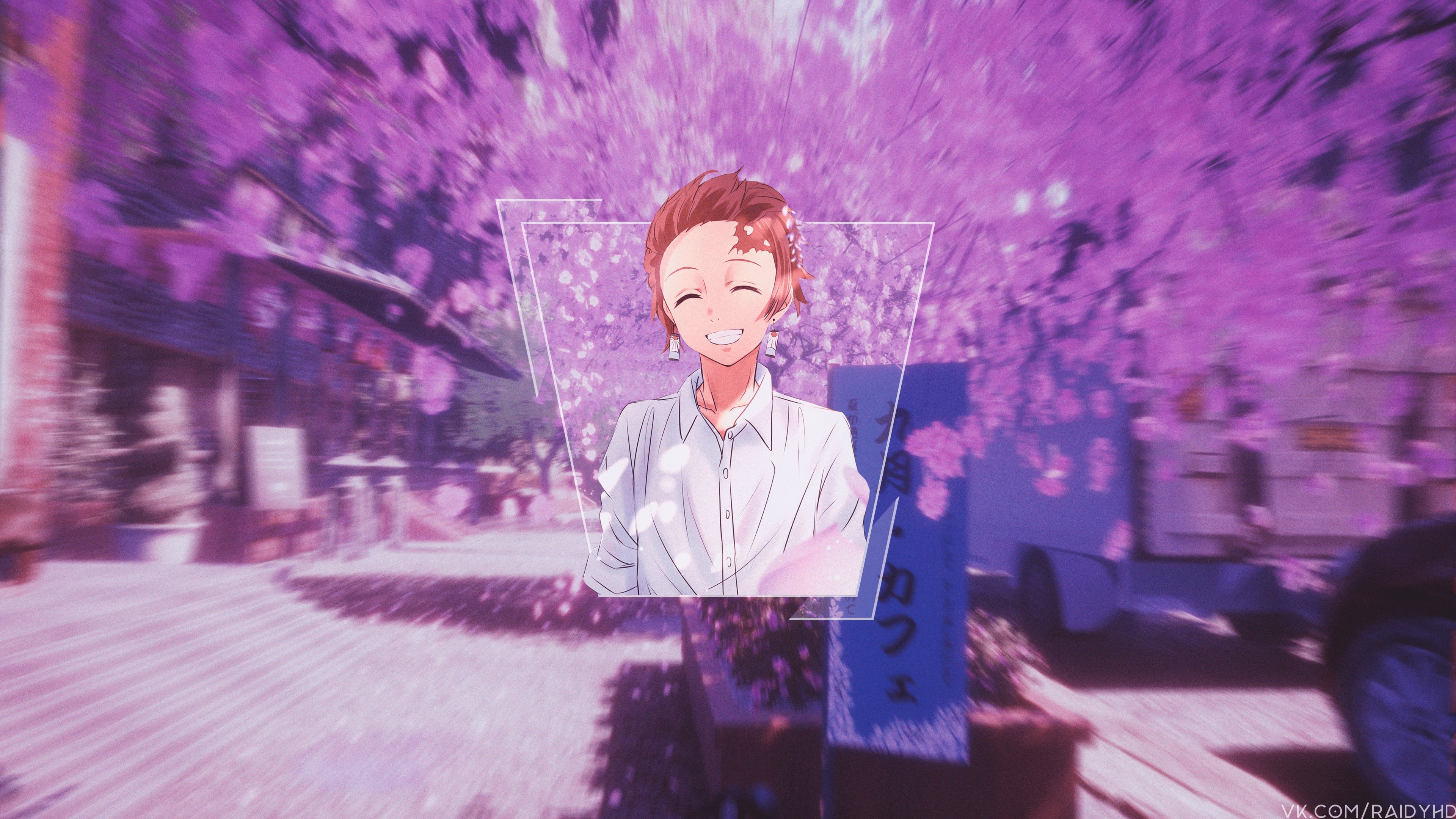 picture-in-picture, Kimetsu no Yaiba, anime, cherry blossom, Kamado Tanjirō, Tanjiro Kamado, anime boys, 4K, HD Wallpaper